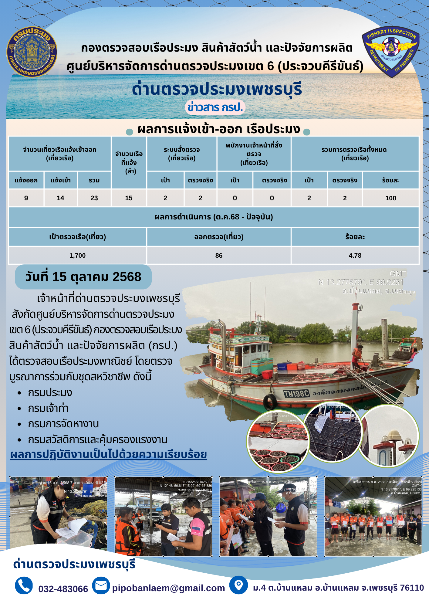 ตรวจสอบเรือประมงพาณิชย์ ณ ท่าเทียบเรือประมง