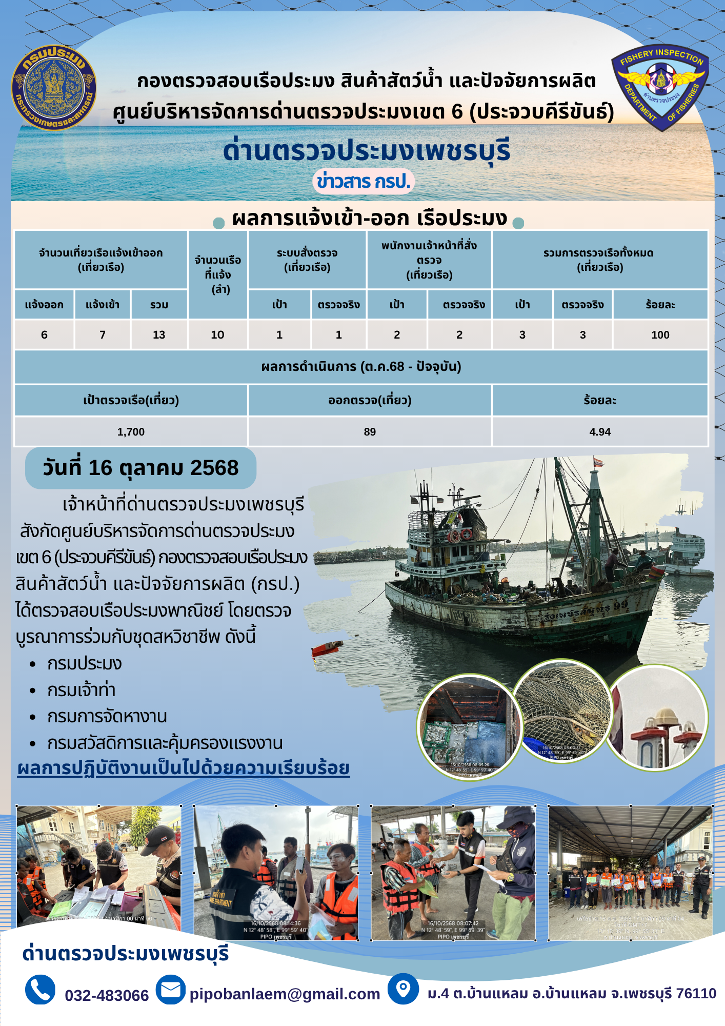 ตรวจสอบเรือประมงพาณิชย์ ณ ท่าเทียบเรือประมง