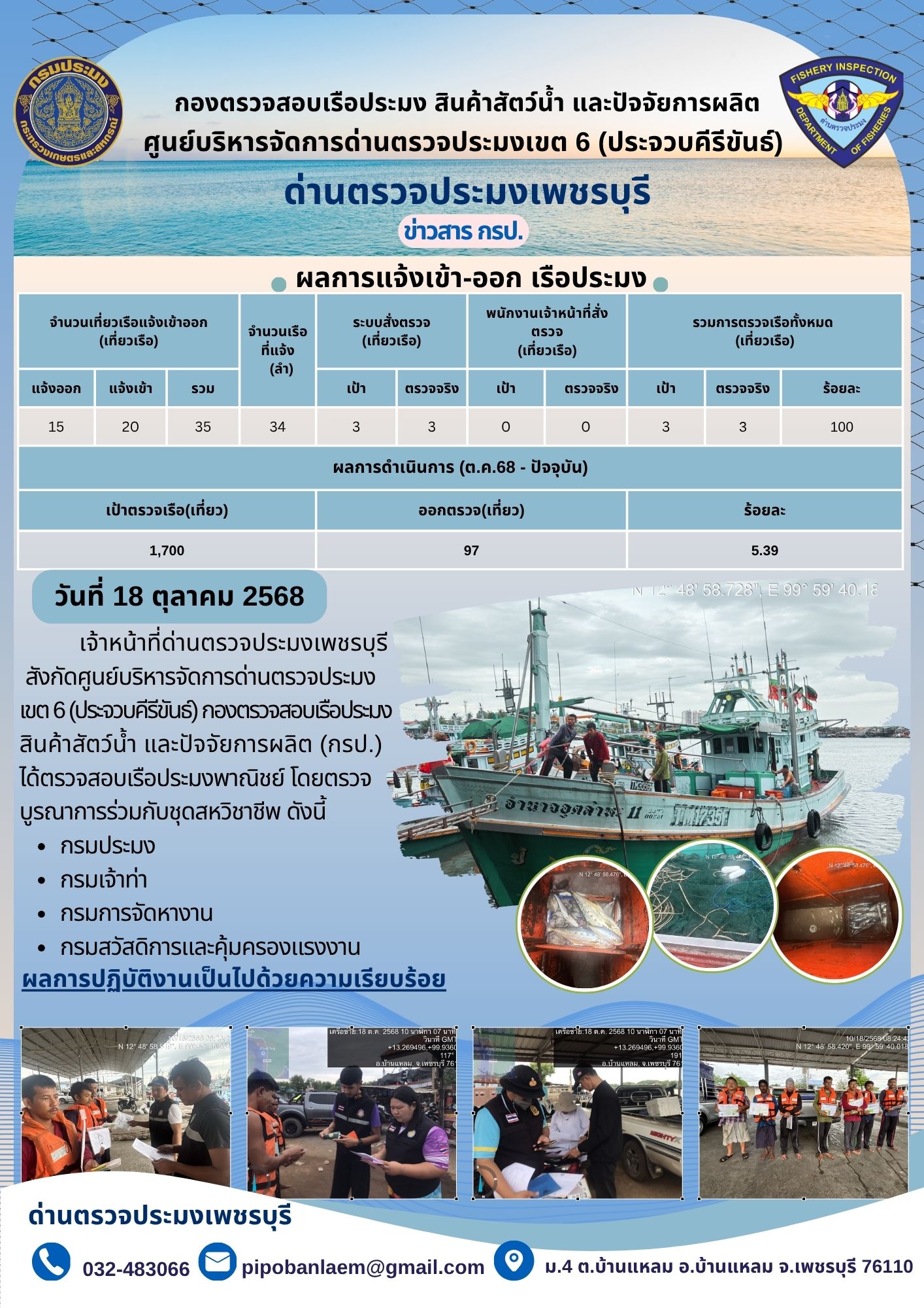 ตรวจสอบเรือประมงพาณิชย์ ณ ท่าเทียบเรือประมง