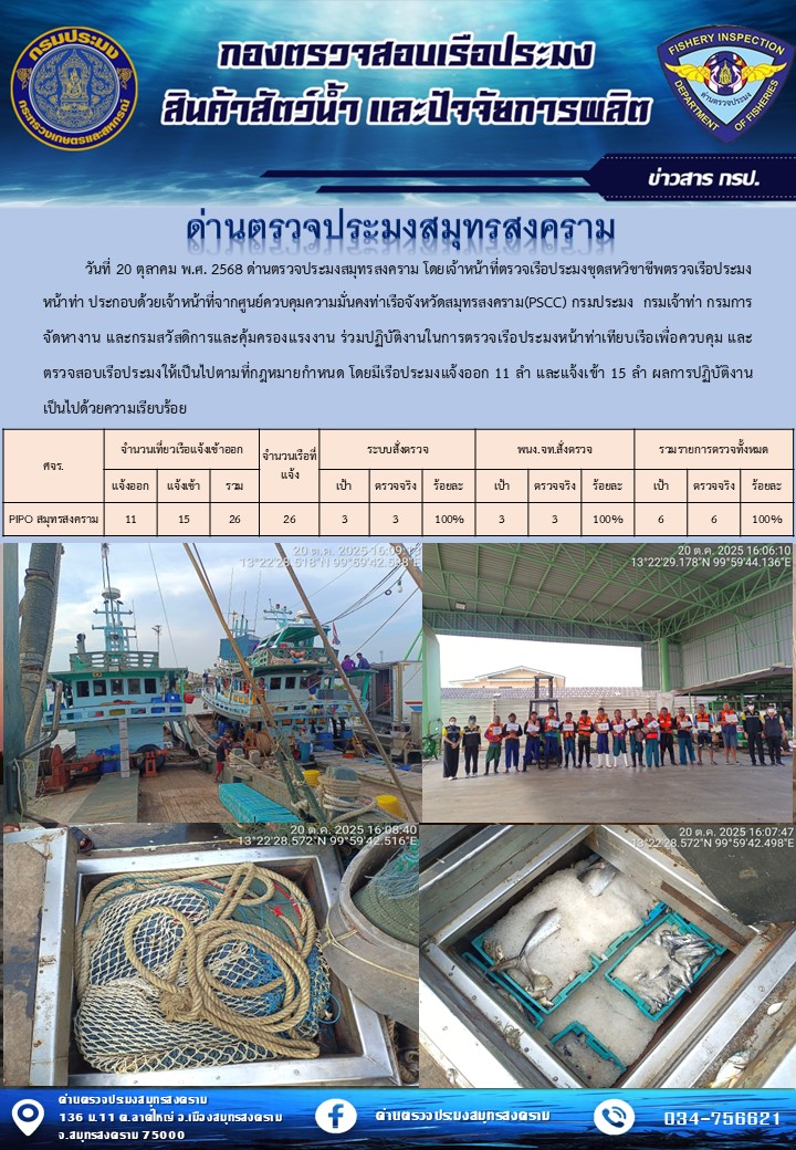 สถิติการแจ้งเข้า - ออกเรือประมงพาณิชย์ ด่านตรวจประมงสมุทรสงคราม ประจำวันที่ 20 ตุลาคม 2568..คลิก