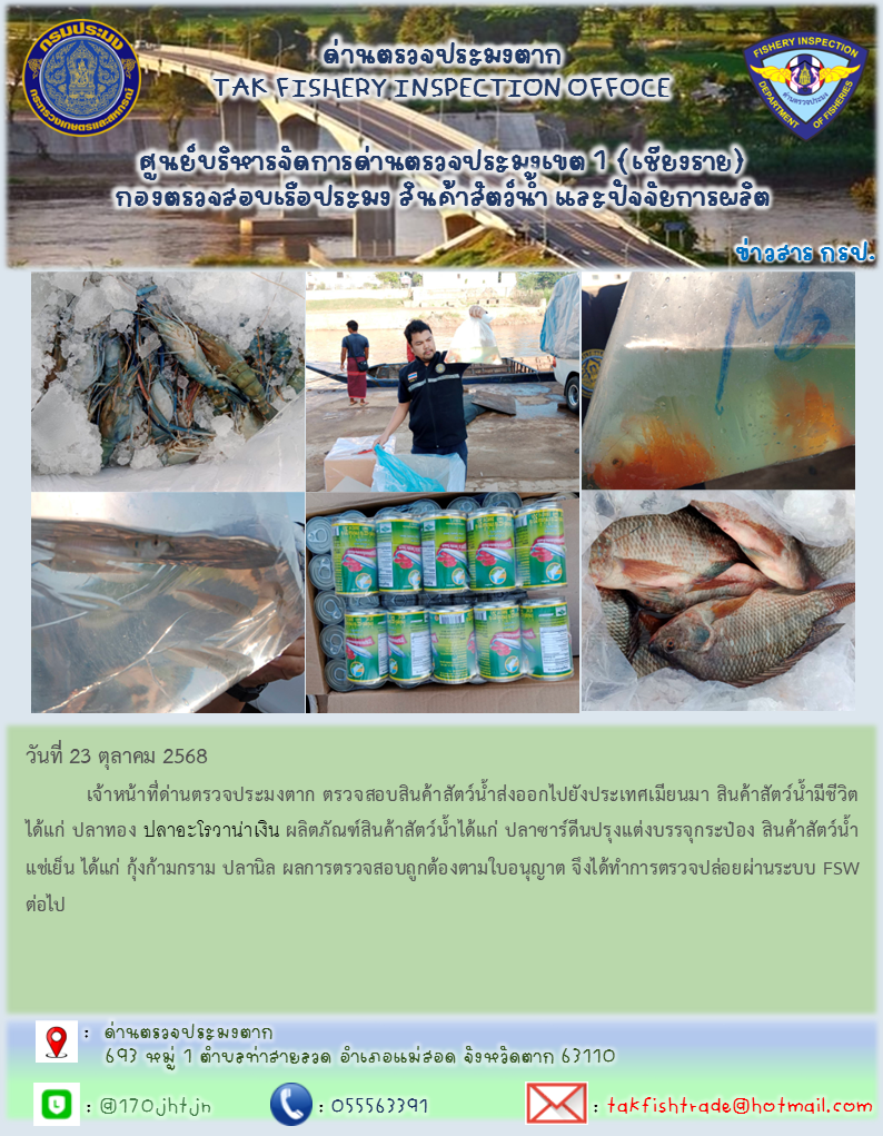 วันที่ 23 ตุลาคม 2568        เจ้าหน้าที่ด่านตรวจประมงตาก ตรวจสอบสินค้าสัตว์น้ำส่งออกไปยังประเทศเมียนมา สินค้าสัตว์น้ำมีชีวิต ได้แก่ ปลาทอง ปลาอะโรวาน่าเงิน ผลิตภัณฑ์สินค้าสัตว์น้ำได้แก่ ปลาซาร์ดีนปรุงแต่งบรรจุกระป๋อง สินค้าสัตว์น้ำแช่เย็น ได้แก่ กุ้งก้ามกราม ปลานิล ผลการตรวจสอบถูกต้องตามใบอนุญาต จึงได้ทำการตรวจปล่อยผ่านระบบ FSW ต่อไป