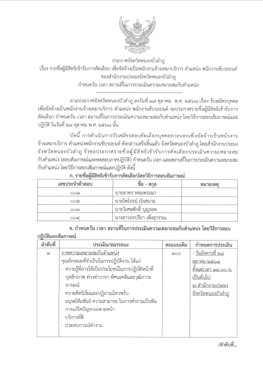 ประกาศจังหวัดหนองบัวลำภู เรื่อง รายชื่อผู้มีสิทธิเข้ารับการคัดเลือก เพื่อจัดจ้างเป็นพนักงาน จ้างเหมาบริการ ตำแหน่งพนักงานขับรถยนต์ ของสำนักงานประมงจังหวัดหนองบัวลำภู