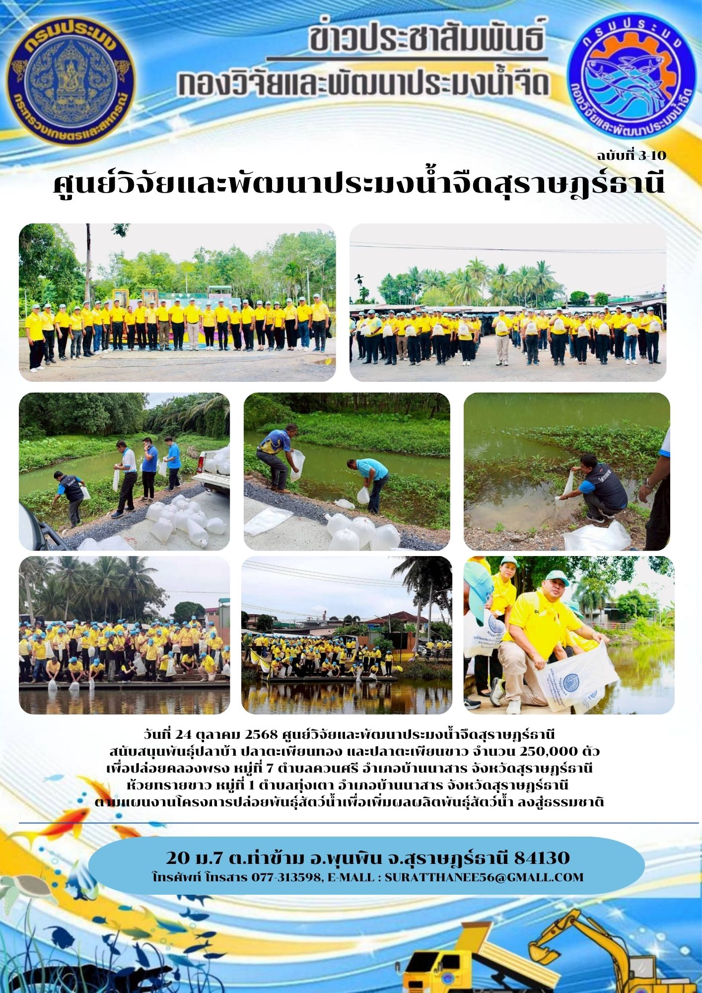 วันที่ 24 ตุลาคม 2568 ศูนย์วิจัยและพัฒนาประมงน้ำจืดสุราษฎร์ธานี                               สนับสนุนพันธุ์ปลาบ้า ปลาตะเพียนทอง และปลาตะเพียนขาว จำนวน 250,000 ตัว                                                                                                         เพื่อปล่อยคลองพรง หมู่ที่ 7 ตำบลควนศรี อำเภอบ้านนาสาร จังหวัดสุราษฎร์ธานี ห้วยทรายขาว หมู่ที่ 1 ตำบลทุ่งเตา อำเภอบ้านนาสาร จังหวัดสุราษฎร์ธานี  ตามแผนงานโครงการปล่อยพันธุ์สัตว์น้ำเพื่อเพิ่มผลผลิตพันธุ์สัตว์น้ำ ลงสู่ธรรมชาติ