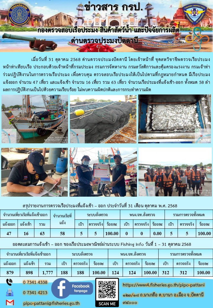ข่าวสารการปฏิบัติงาน ด่านตรวจประมงปัตตานี วันที่ 31 ตุลาคม 2568..คลิก