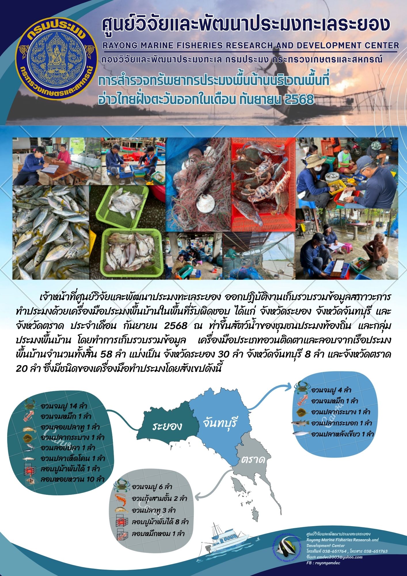 เจ้าหน้าที่ศูนย์วิจัยและพัฒนาประมงทะเลระยอง ออกปฏิบัติงานเก็บรวบรวมข้อมูลสภาวะการทำประมงด้วยเครื่องมือประมงพื้นบ้านในพื้นที่รับผิดชอบ ได้แก่ จังหวัดระยอง จังหวัดจันทบุรี และ จังหวัดตราด ประจำเดือน กันยายน 2568 ณ ท่าขึ้นสัตว์น้ำของชุมชนประมงท้องถิ่น และกลุ่มประมงพื้นบ้าน ฯลฯ