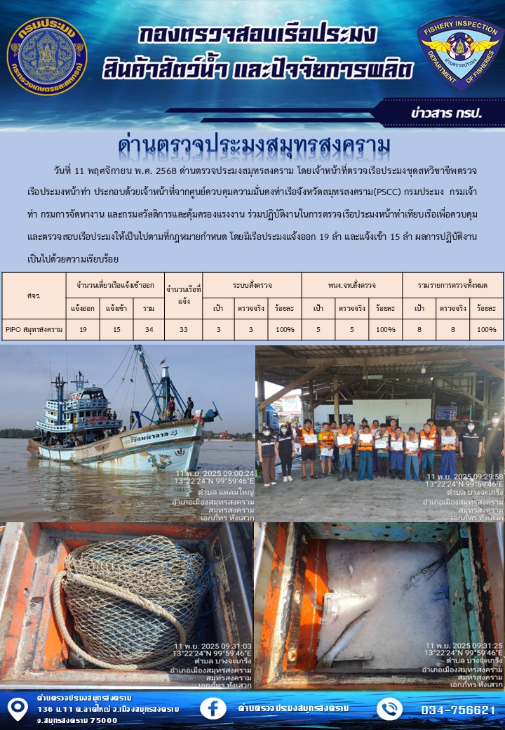 สถิติการแจ้งเข้า - ออกเรือประมงพาณิชย์ ด่านตรวจประมงสมุทรสงคราม ประจำวันที่ 11 พฤศจิกายน 2568