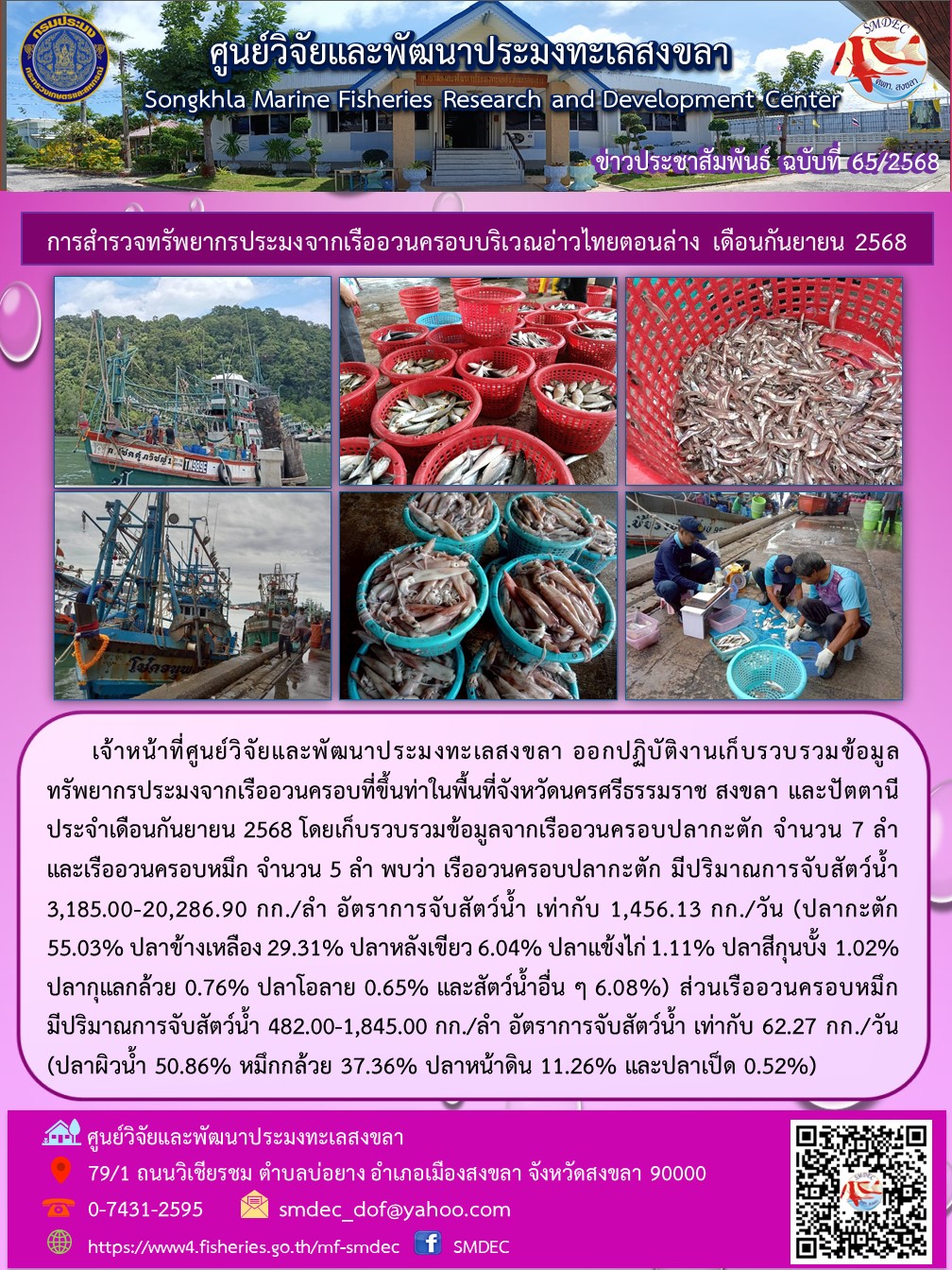 เจ้าหน้าที่ศูนย์วิจัยและพัฒนาประมงทะเลสงขลา ออกปฏิบัติงานเก็บรวบรวมข้อมูลทรัพยากรประมงจากเรืออวนครอบที่ขึ้นท่าในพื้นที่จังหวัดนครศรีธรรมราช สงขลา และปัตตานีประจำเดือนกันยายน 2568 โดยเก็บรวบรวมข้อมูลจากเรืออวนครอบปลากะตัก จำนวน 7 ลำและเรืออวนครอบหมึก จำนวน 5 ลำ ฯลฯ