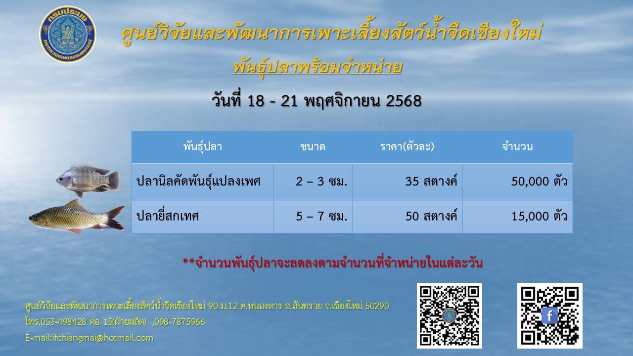 พันธุ์ปลาพร้อมจำหน่าย วันที่ 18-21 พฤศจิกายน 2568