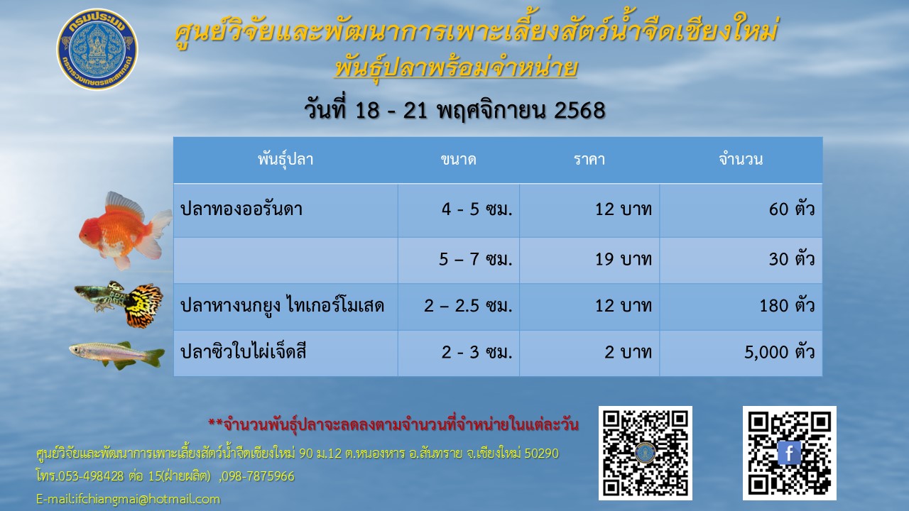 พันธุ์ปลาพร้อมจำหน่าย วันที่ 18-21 พฤศจิกายน 2568