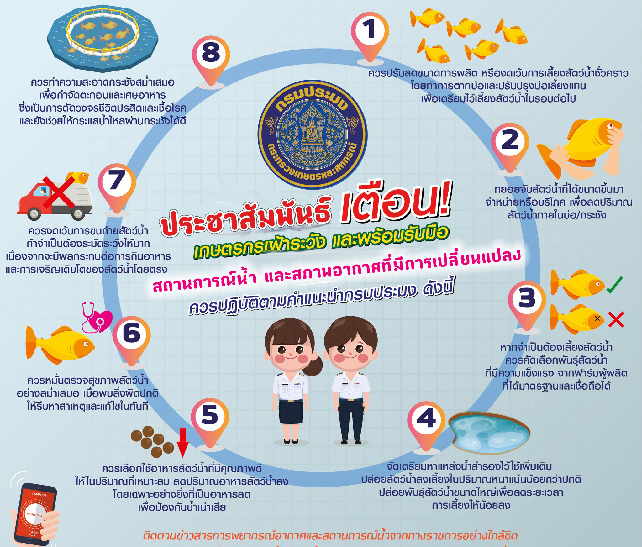 แจ้งเตือนเกษตรกรผู้เพาะเลี้ยงสัตว์น้ำ หมั่นสังเกตและดูแลสัตว์น้ำ เนื่องจากสภาพอากาศปัจจุบัน มีการเปลี่ยนแปลง ในสภาวะต่างๆ อาจส่งผลกระทบต่อสุขภาพปลาที่เลี้ยงโดยตรง..คลิก