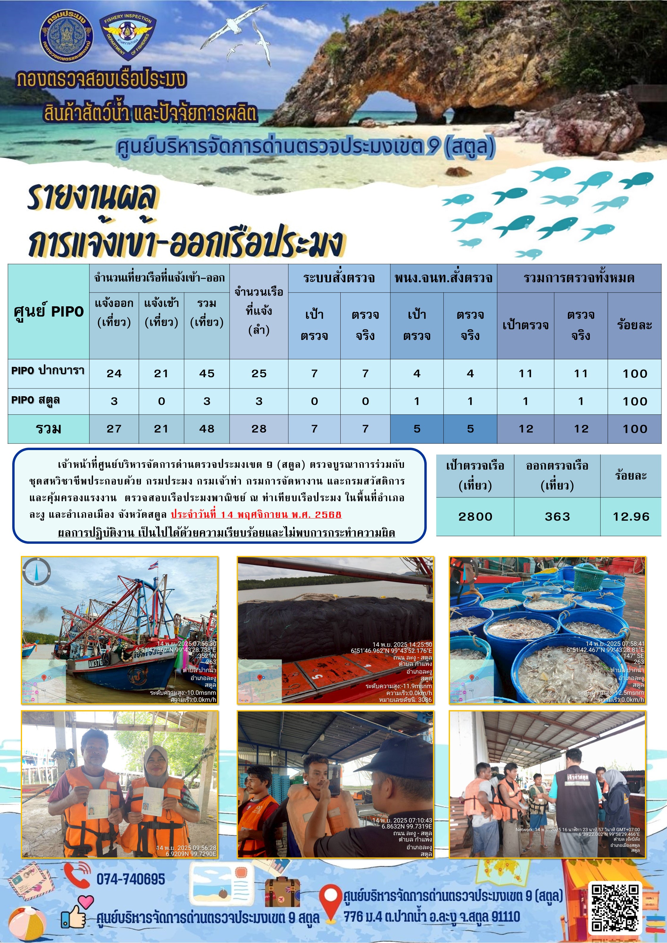 ประชาสัมพันธ์การปฏิบัติงานศูนย์บริหารจัดการด่านตรวจประมงเขต 9 (สตูล) ประจำวันที่ 11-15 พฤศจิกายน 2568..คลิก