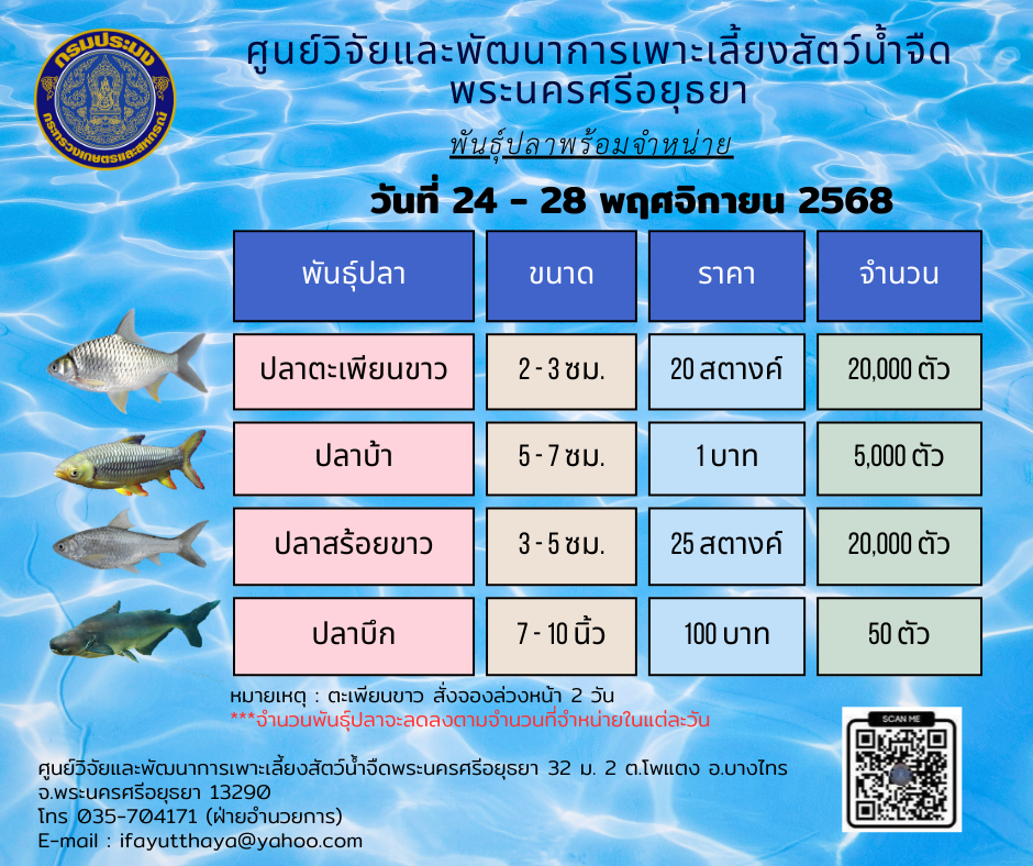 ชนิดพันธุ์สัตว์น้ำพร้อมจำหน่าย 24-28 พฤศจิกายน 2568 ศพจ.พระนครศรีอยุธยา
