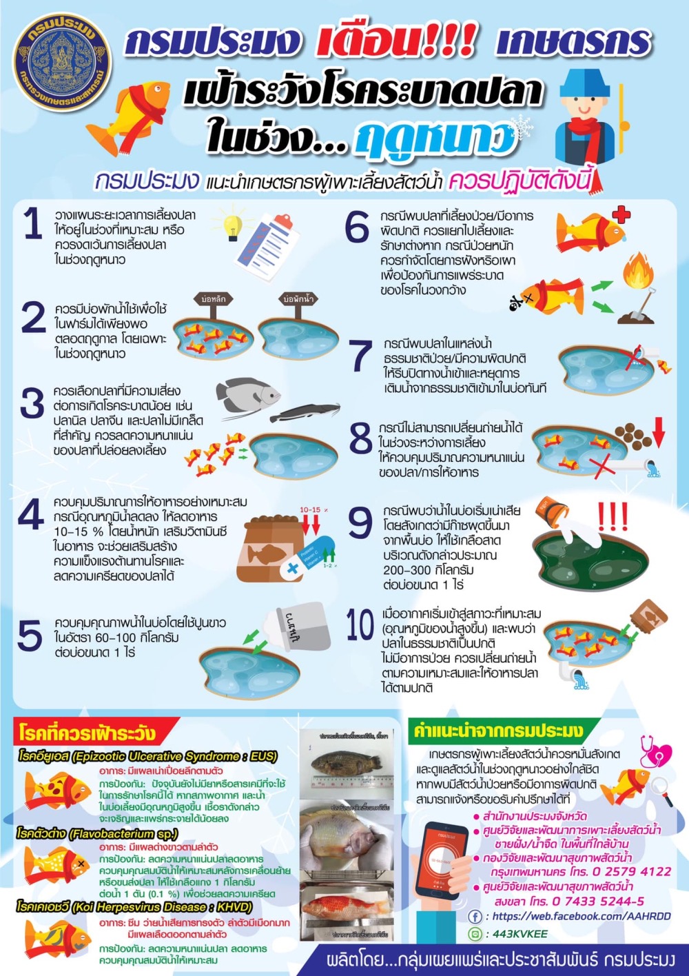 ศูนย์วิจัยและพัฒนาประมงน้ำจืดระยอง ขอประชาสัมพันธ์การจัดการสัตว์น้ำและเฝ้าระวังโรคที่อาจเกิดในช่วงฤดูหนาว เพื่อให้เกษตรกร สามารถ จัดการและป้องกันโรคสัตว์น้ำ ได้อย่างเหมาะสม เพื่อลดความสูญเสียสัตว์น้ำในช่วงฤดูหนาว