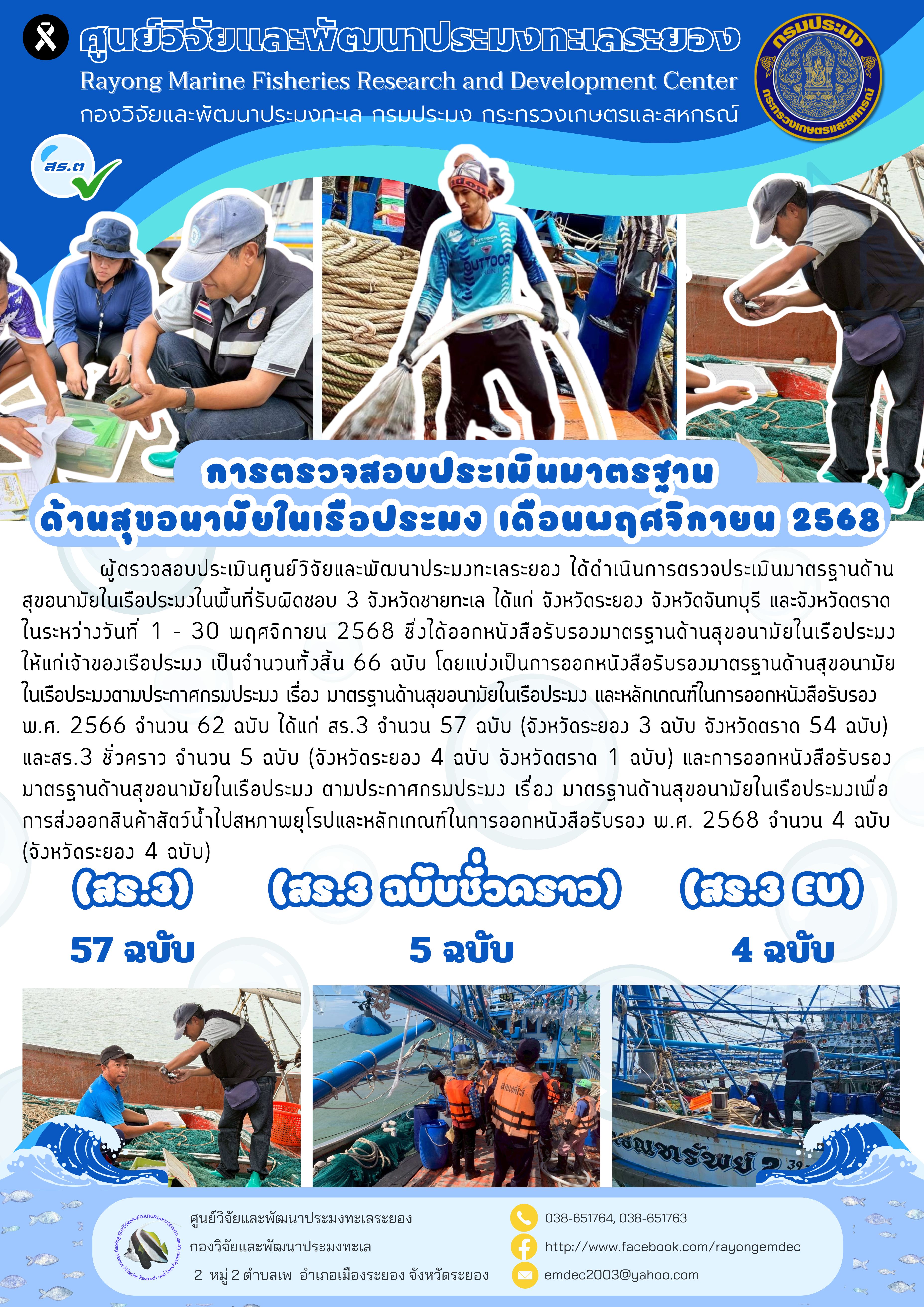 การตรวจสอบประเมินมาตรฐานด้านสุขอนามัยในเรือประมง บริเวณอ่าวไทยฝั่งตะวันออก เดือนพฤศจิกายน 2568