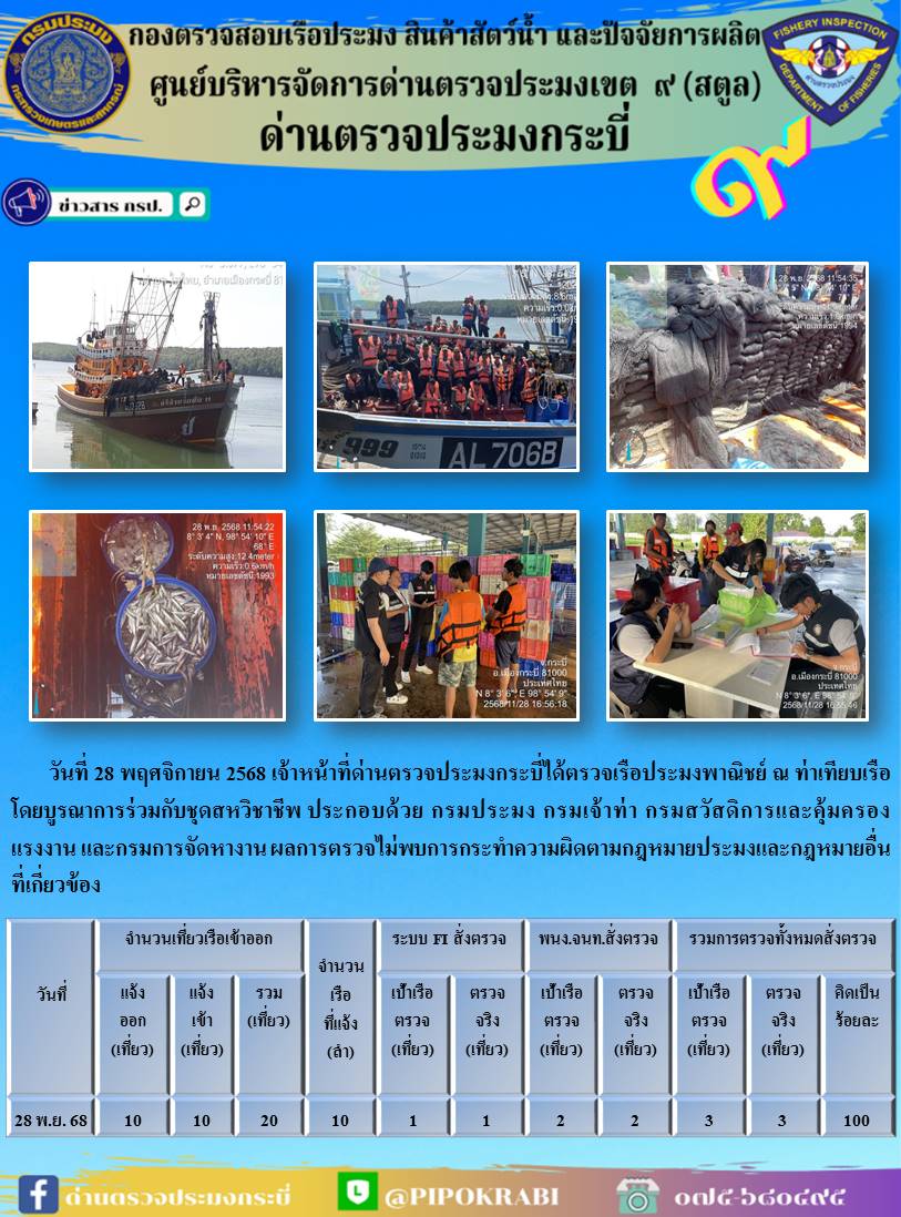 ประชาสัมพันธ์การปฏิบัติงานศูนย์บริหารจัดการด่านตรวจประมงเขต 9 (สตูล) ประจำวันที่ 26-30 พฤศจิกายน 2568..คลิก