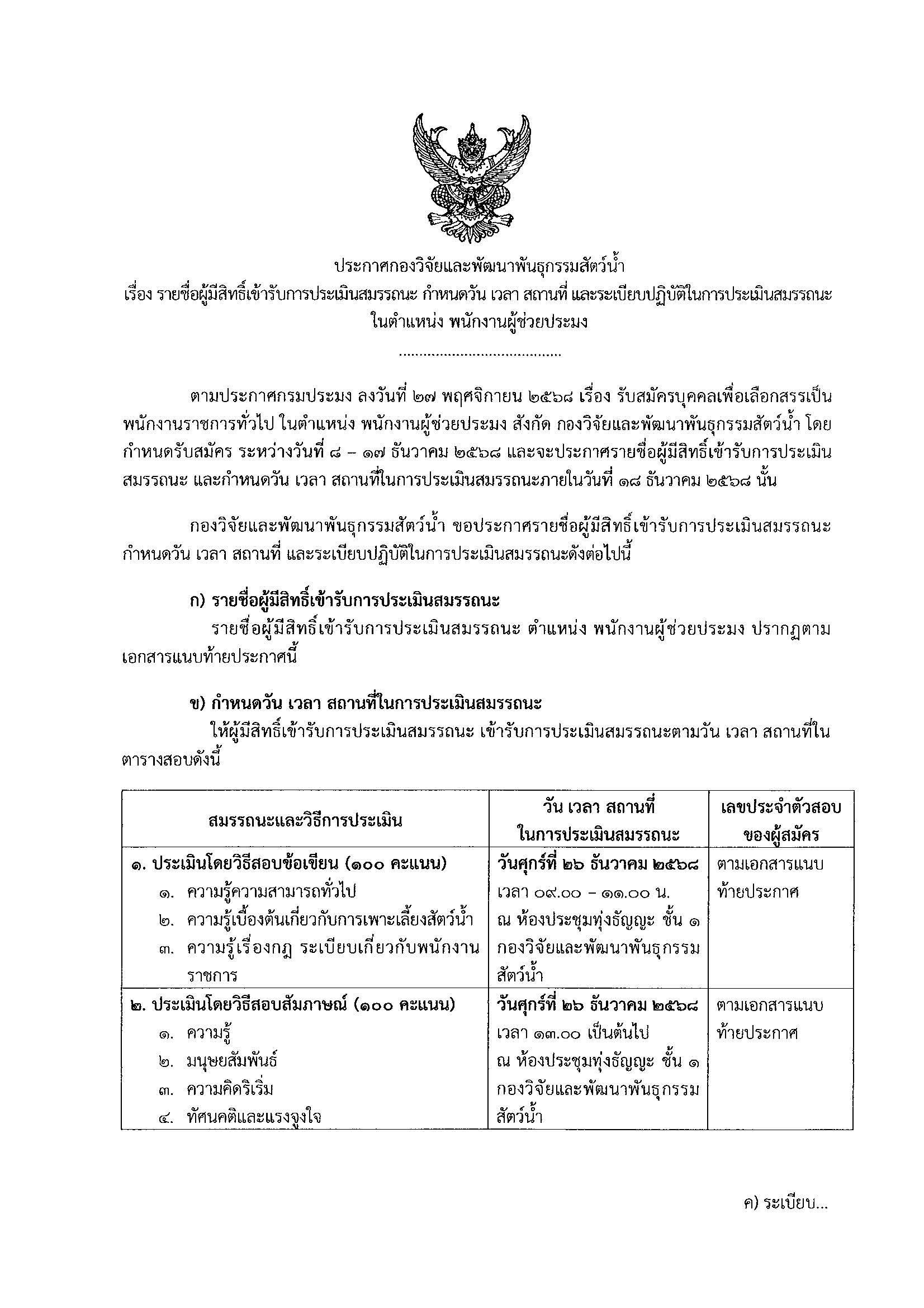 รายชื่อผู้มีสิทธ์เข้ารับการประเมินสมรรถนะ ในตำแหน่งพนักงานผู้ช่วยประมง