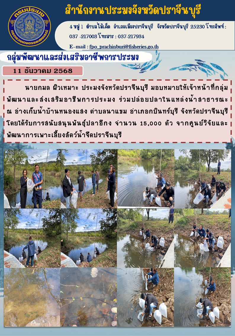 ข่าวประชาสัมพันธ์ กลุ่มพัฒนาและส่งเสริมอาชีพการประมง ร่วมปล่อยปลาในแหล่งน้ำสาธารณะ..คลิก