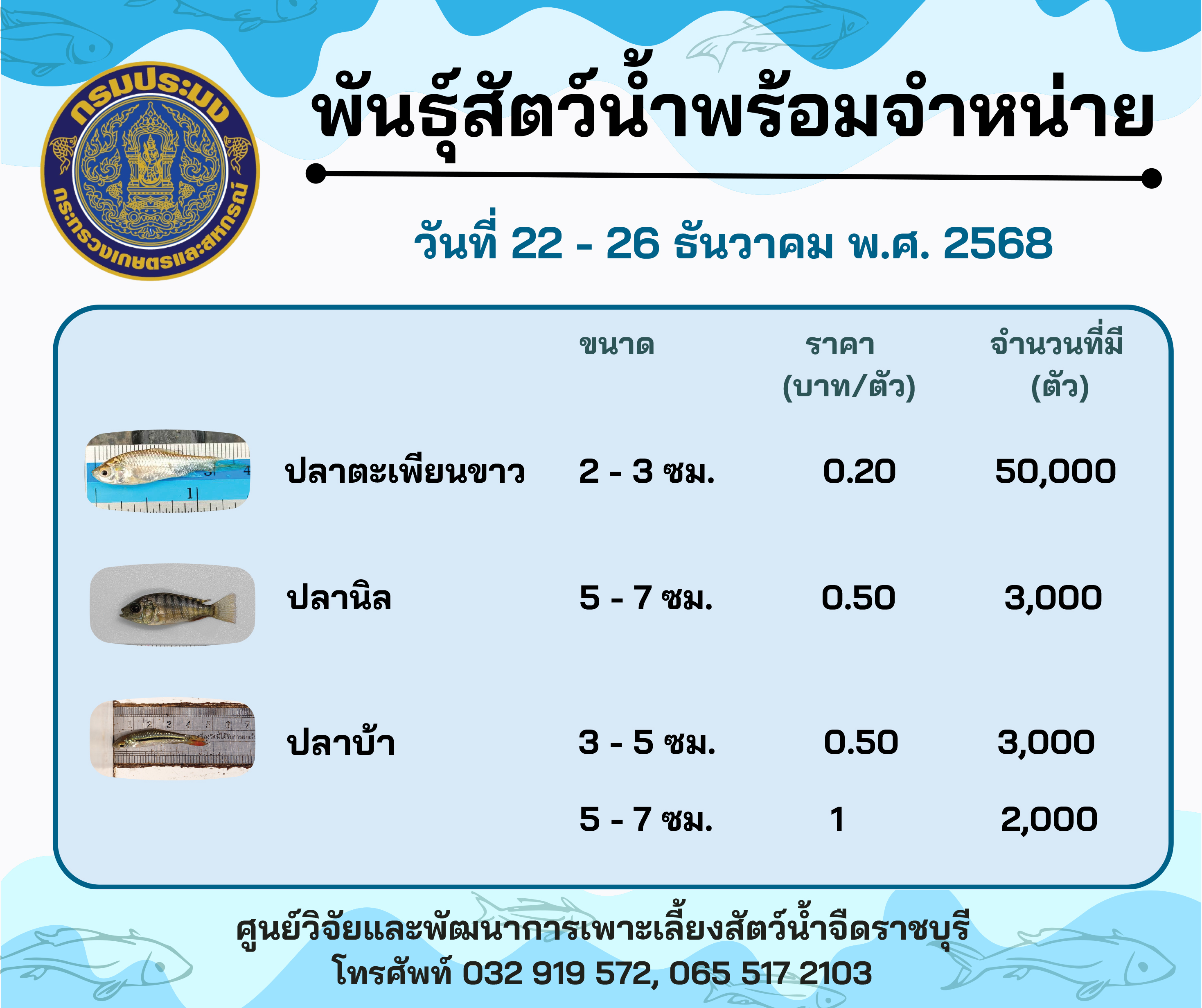 ลูกพันธุ์สัตว์น้ำพร้อมจำหน่ายสัปดาห์นี้ วันที่ 22 - 26 ธันวาคม พ.ศ. 2568..คลิก