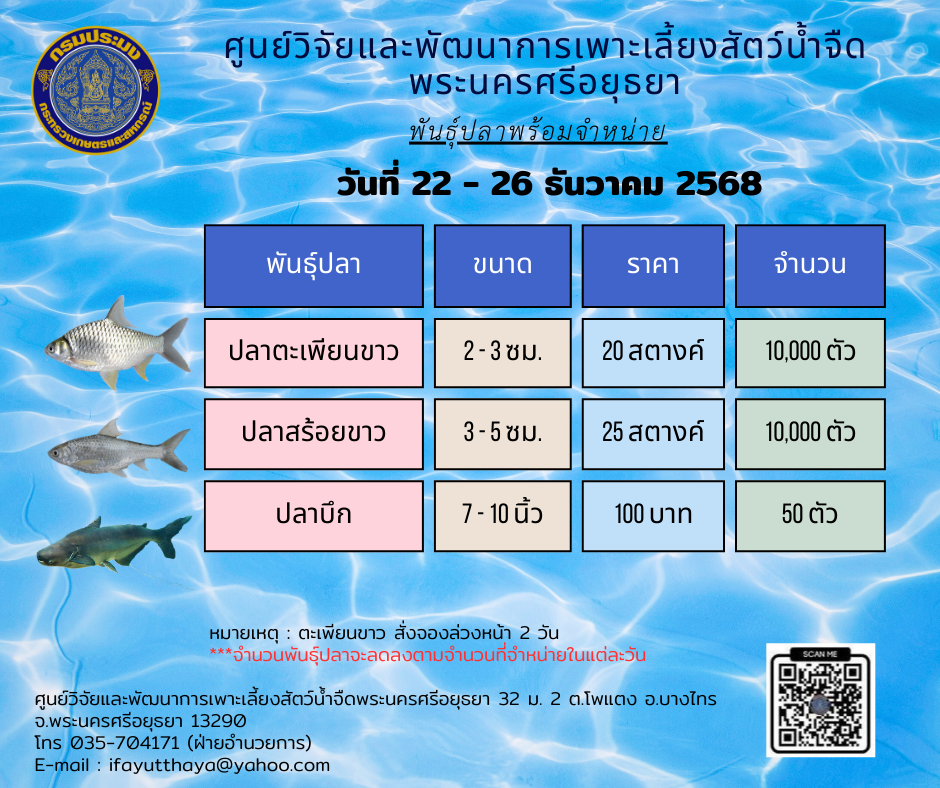 ชนิดพันธุ์สัตว์น้ำพร้อมจำหน่าย  22 - 26 ธันวาคม 2568 ศพจ.พระนครศรีอยุธยา