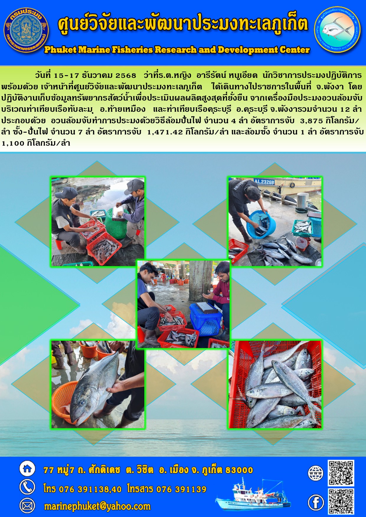 วันที่ 15-17 ธันวาคม 2568 ว่าที่ร.ต.หญิง อารีรัตน์ หนูเอียด นักวิชาการประมงปฏิบัติการพร้อมด้วย เจ้าหน้าที่ศูนย์วิจัยและพัฒนาประมงทะเลภูเก็ต ได้เดินทางไปราชการในพื้นที่ จ.พังงา โดยปฏิบัติงานเก็บข้อมูลทรัพยากรสัตว์น้ำเพื่อประเมินผลผลิตสูงสุดที่ยั่งยืน จากเครื่องมือประมงอวนล้อมจับ ฯลฯ