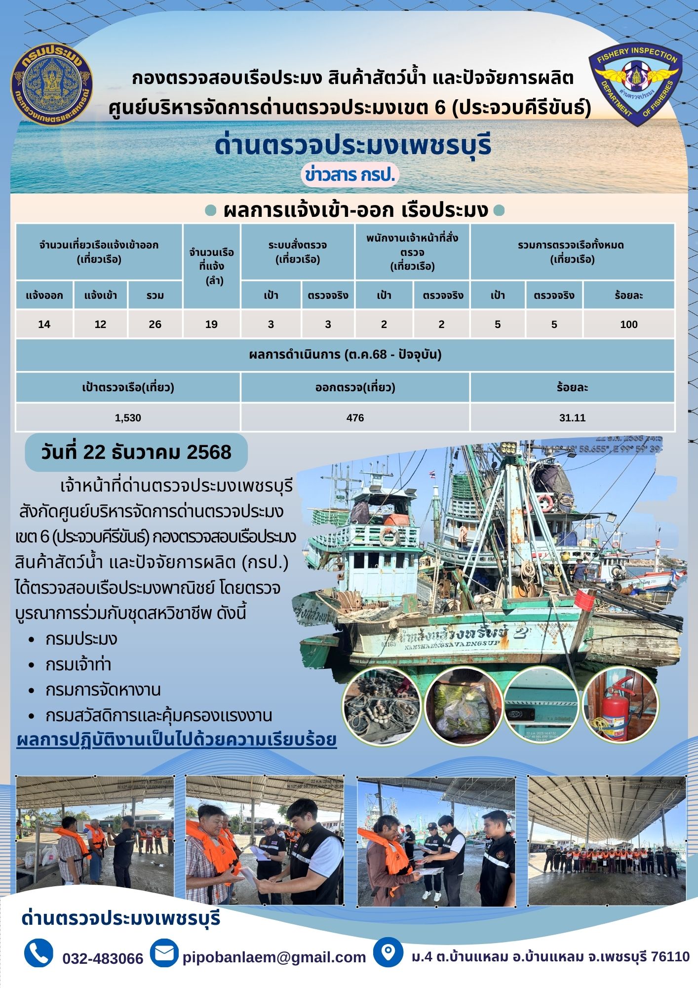 ตรวจสอบเรือประมงพาณิชย์ ณ ท่าเทียบเรือประมง