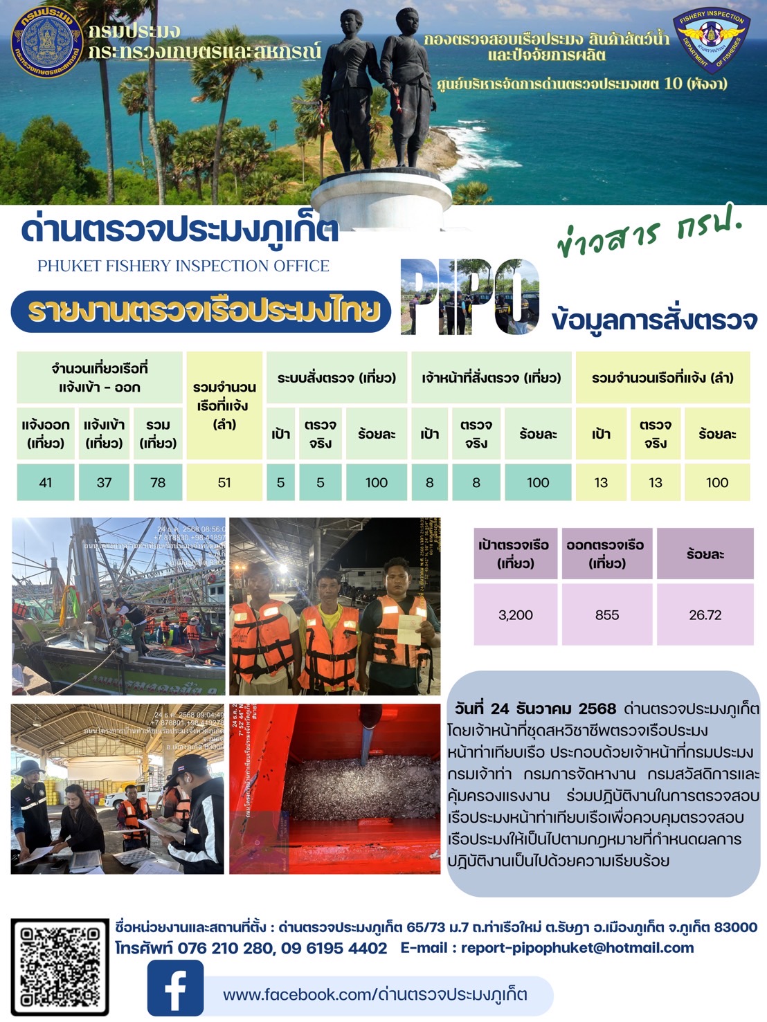 ข่าวประชาสัมพันธ์กิจกรรมการตรวจเรือประมงพาณิชย์แจ้งเข้า - ออก วันที่ 24 ธันวาคม 2568