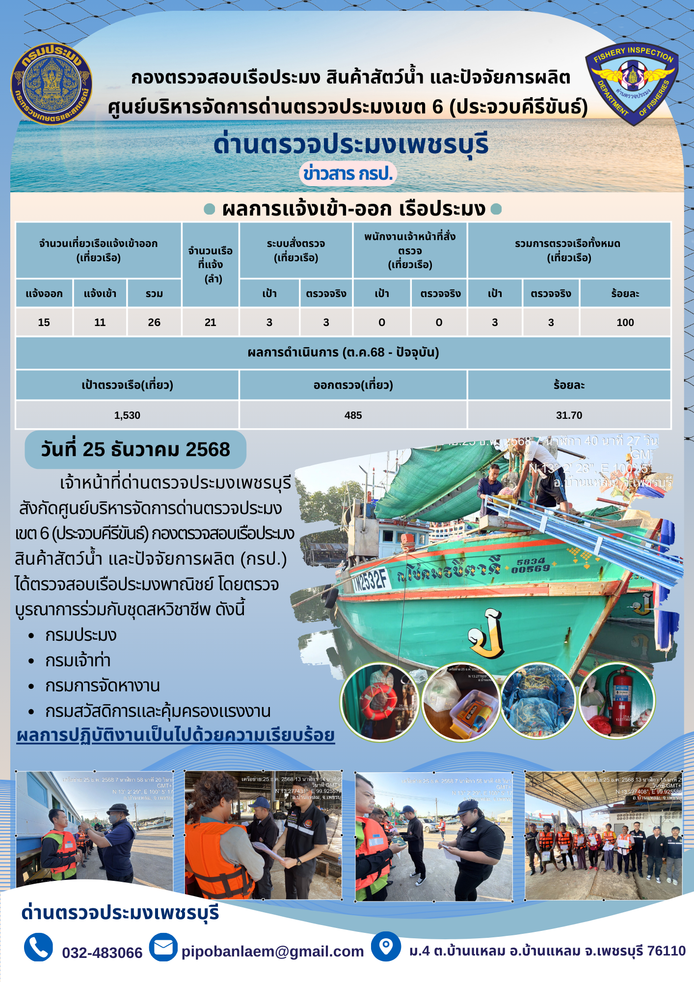 ตรวจสอบเรือประมงพาณิชย์ ณ ท่าเทียบเรือประมง