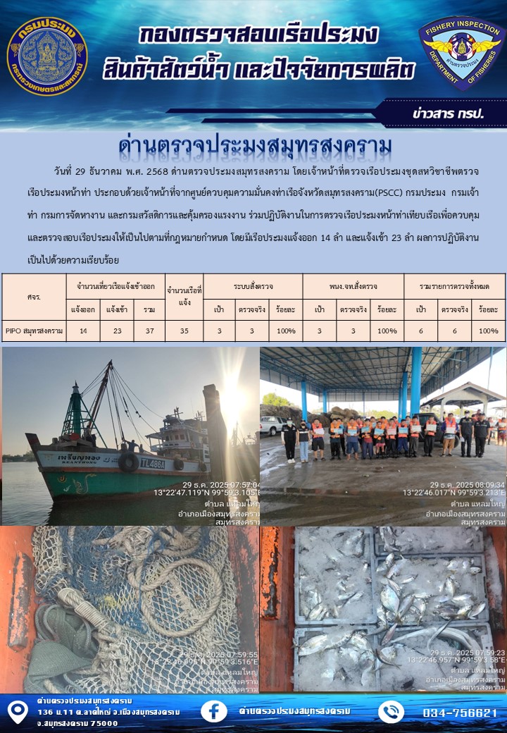 สถิติการแจ้งเข้า - ออกเรือประมงพาณิชย์ ด่านตรวจประมงสมุทรสงคราม ประจำวันที่ 29 พฤษภาคม 2568