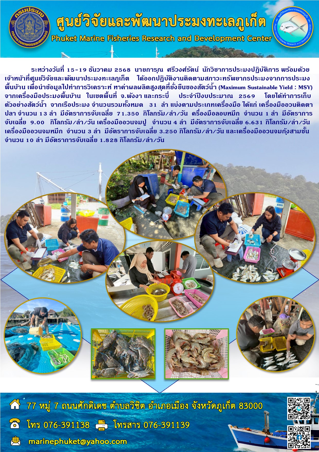 ระหว่างวันที่ 15-19 ธันวาคม 2568 เจ้าหน้าที่ศูนย์วิจัยและพัฒนาประมงทะเลภูเก็ต ได้ออกปฏิบัติงานติดตามสภาวะทรัพยากรประมงจากการประมงพื้นบ้าน ในเขตพื้นที่ จ.พังงาและกระบี่