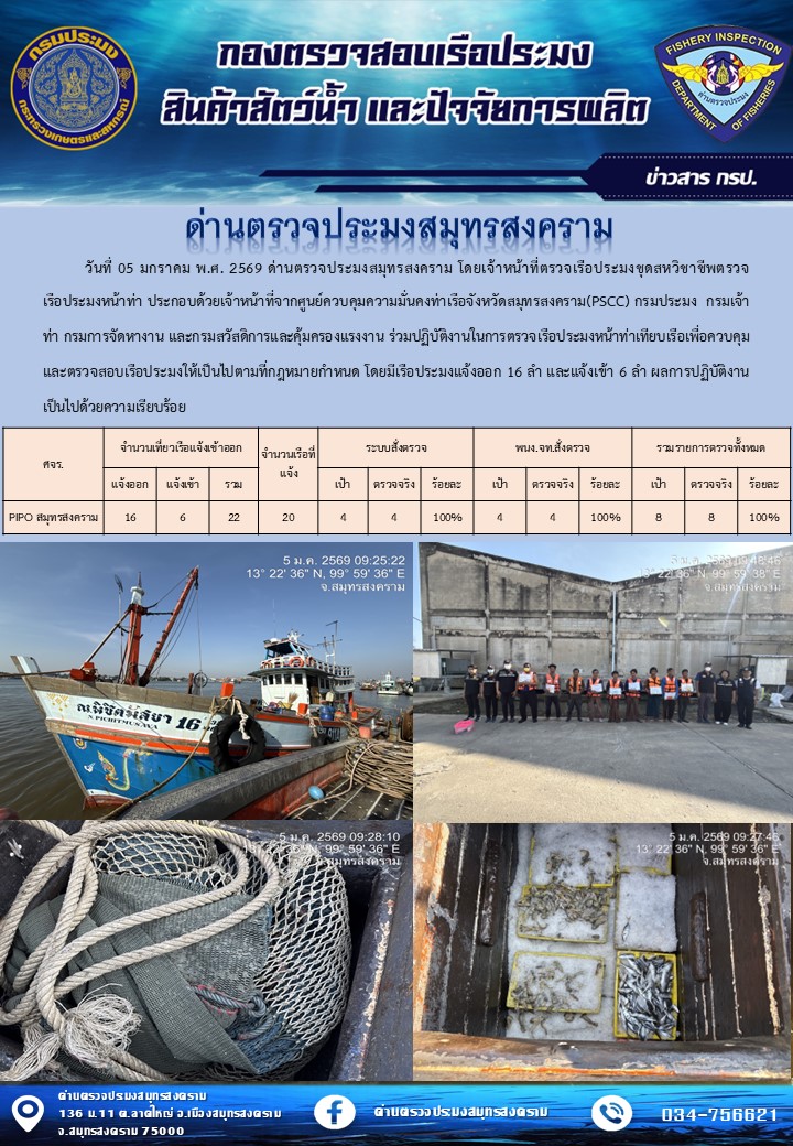 สถิติการแจ้งเข้า - ออกเรือประมงพาณิชย์ ด่านตรวจประมงสมุทรสงคราม ประจำวันที่ 5 มกราคม 2569