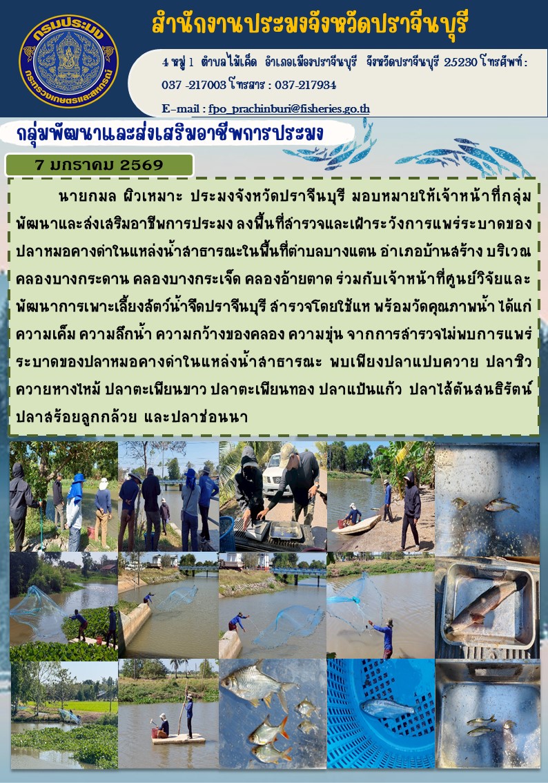 ข่าวประชาสัมพันธ์ กลุ่มพัฒนาและส่งเสริมอาชีพการประมง ลงพื้นที่สารวจและเฝ้าระวังการแพร่ระบาดของ ปลาหมอคางด่าในแหล่งน้ำสาธารณะในพื้นที่ต่าบลบางแตน อ่าเภอบ้านสร้าง บริเวณ คลองบางกระดาน คลองบางกระเจ็ด คลองอ้ายตาด