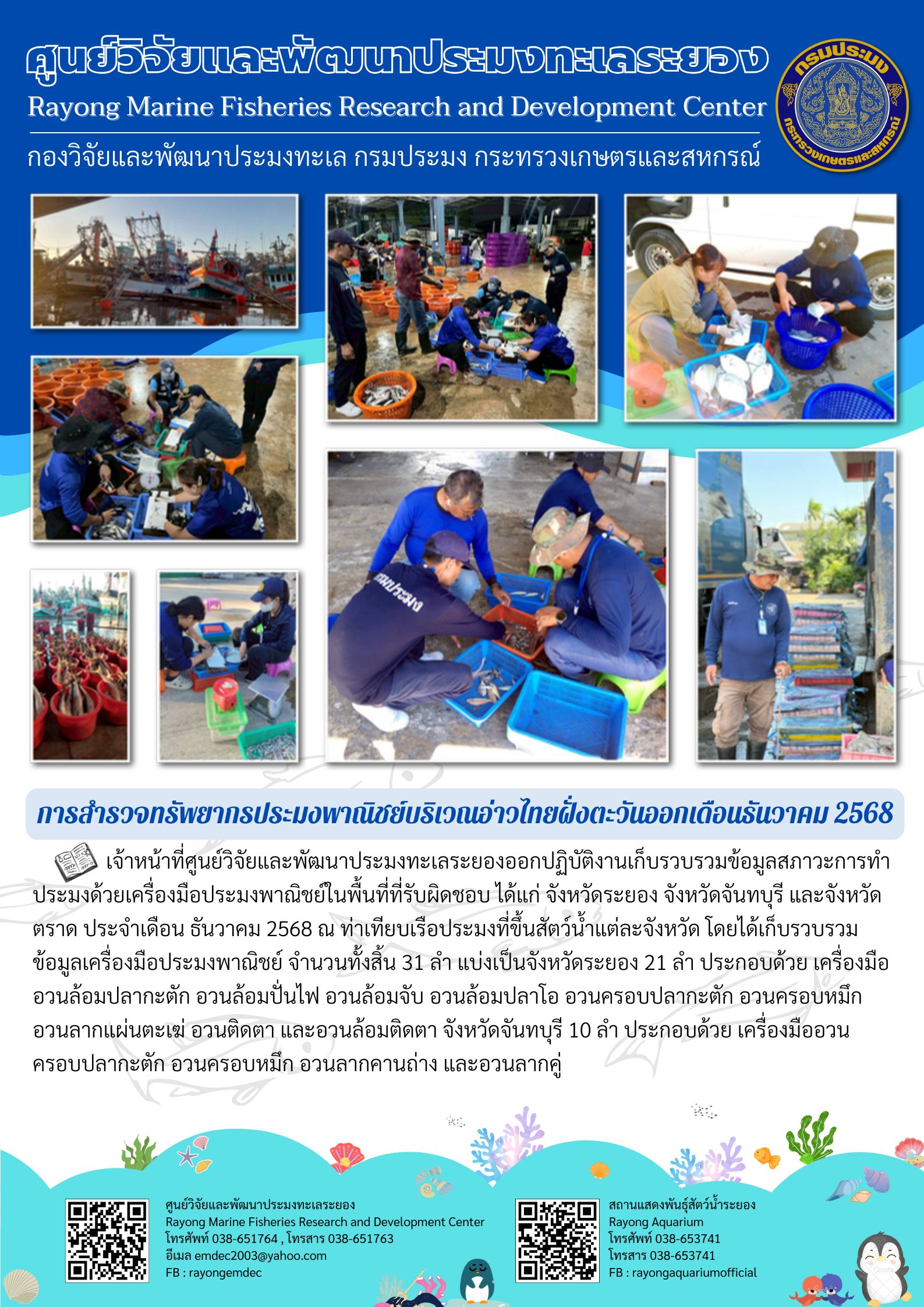 การสำรวจทรัพยากรประมงพาณิชย์บริเวณอ่าวไทยฝั่งตะวันออกเดือนธันวาคม 2568