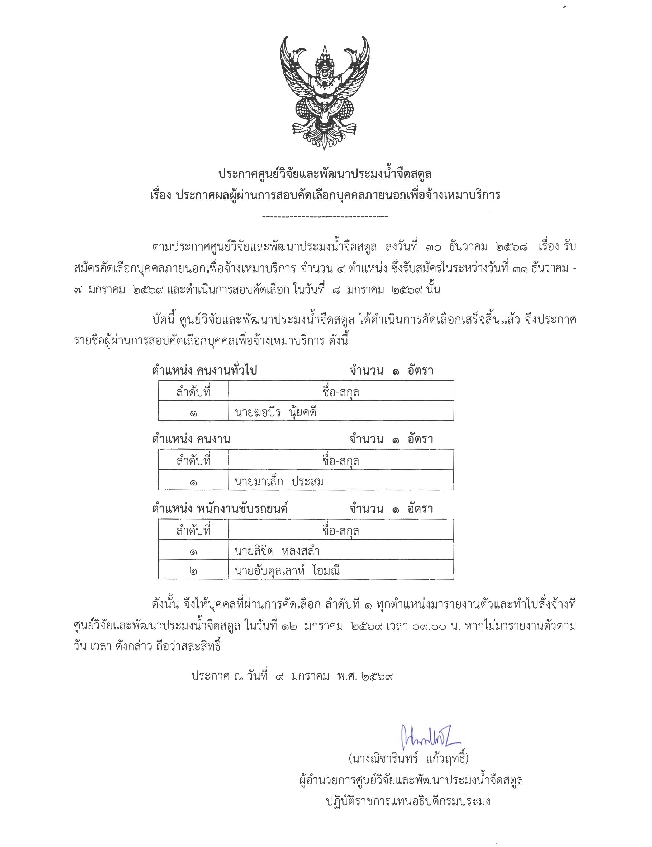 ประกาศผลผู้ได้รับคัดเลือกบุคคลภายนอกเพื่อจ้างเหมาบริการ  