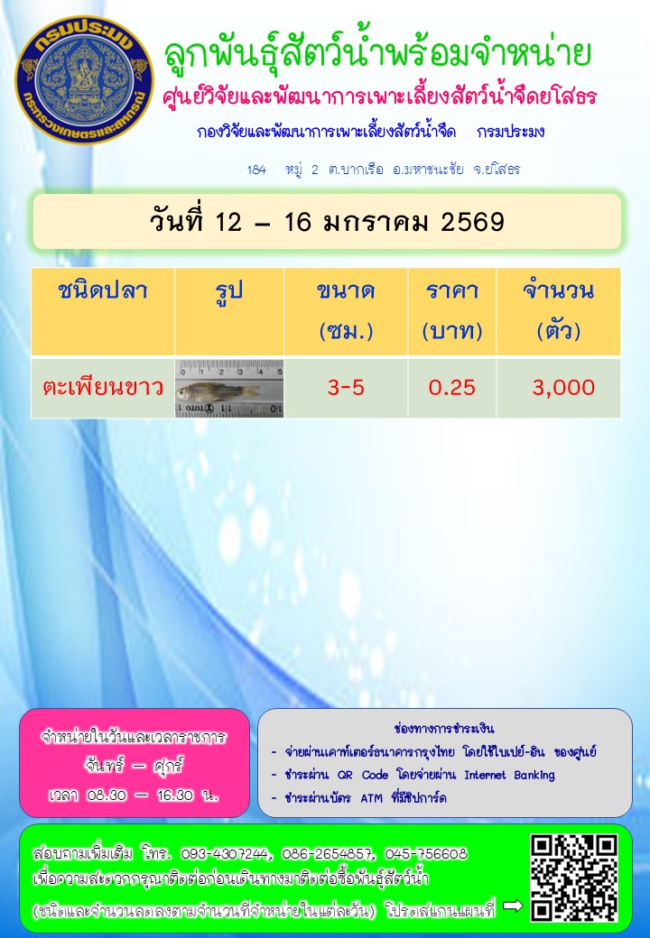 ลูกพันธุ์สัตว์น้ำพร้อมจำหน่าย 12 - 16 ม.ค. 2569..คลิก