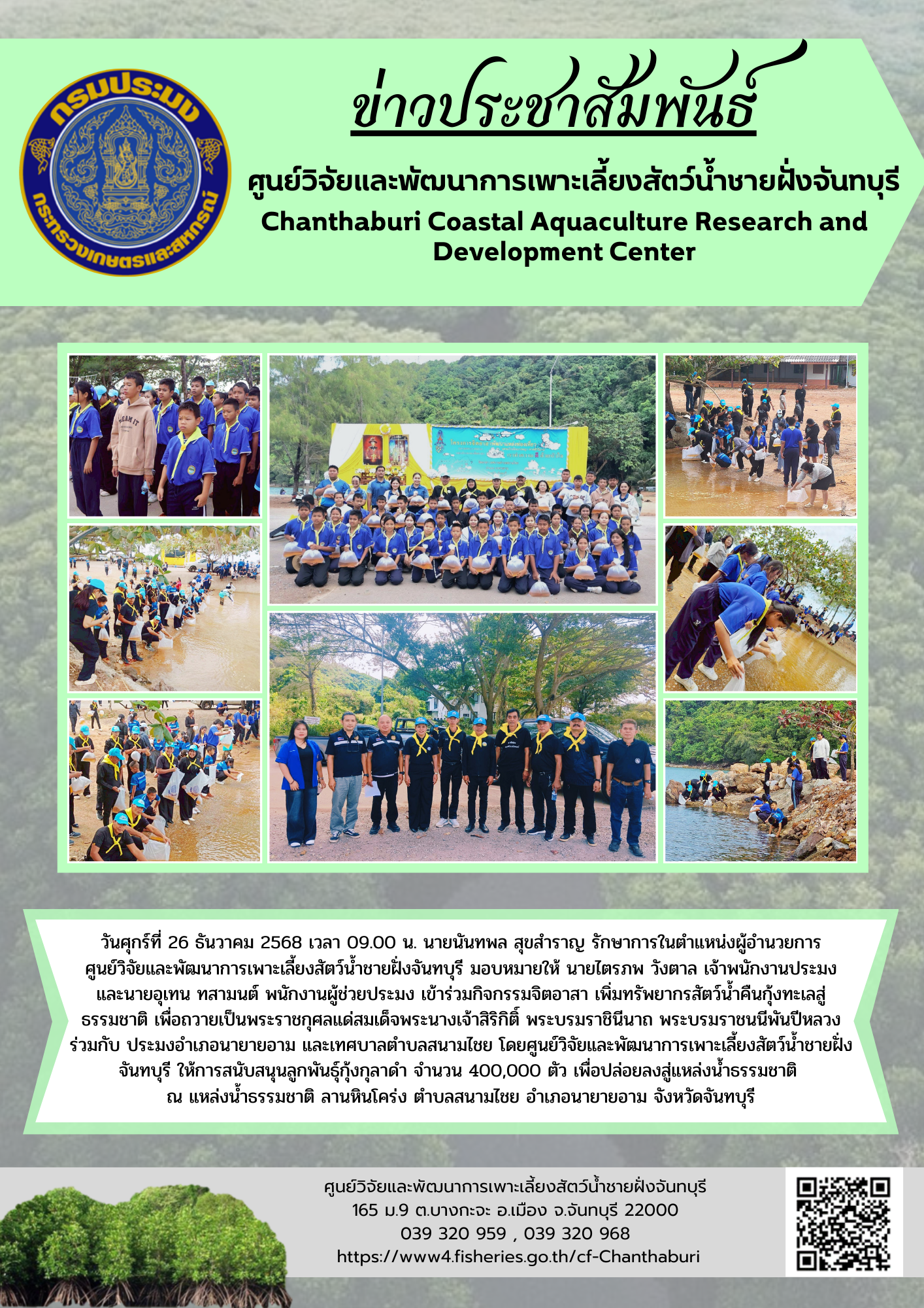 ศูนย์วิจัยและพัฒนาการเพาะเลี้ยงสัตว์น้ำชายฝั่งจันทบุรี ให้การสนับสนุนลูกพันธุ์กุ้งกุลาดำ เพื่อปล่อยลงสู่แหล่งน้ำธรรมชาติ..คลิก