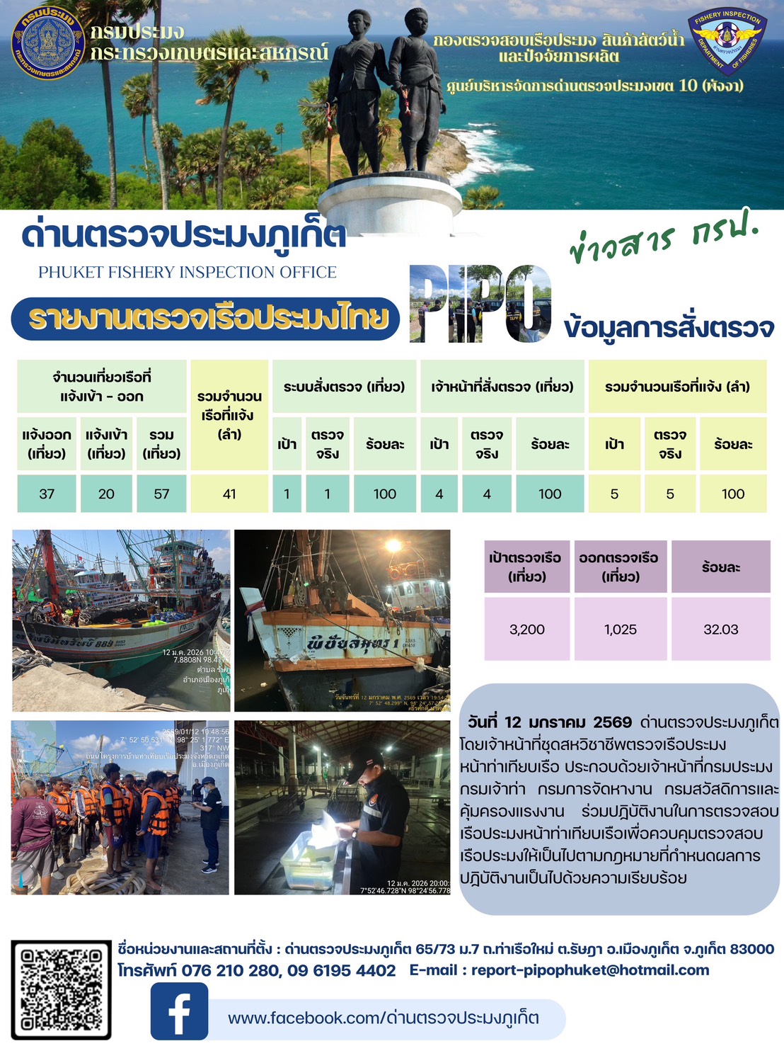 ข่าวประชาสัมพันธ์กิจกรรมการตรวจเรือประมงพาณิชย์แจ้งเข้า - ออก วันที่  12 มกราคม 2569..คลิก