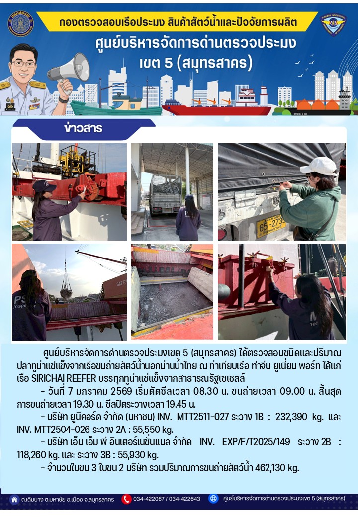 การขนถ่ายทูน่าแช่แข็งจากเรือขนถ่ายสัตว์น้ำสัญชาติไทย เรือ SIRICHAI REEFER บรรทุกทูน่าแช่แข็งจากประเทศมัลดีฟส์ วันที่ 7 มกราคม 2569    