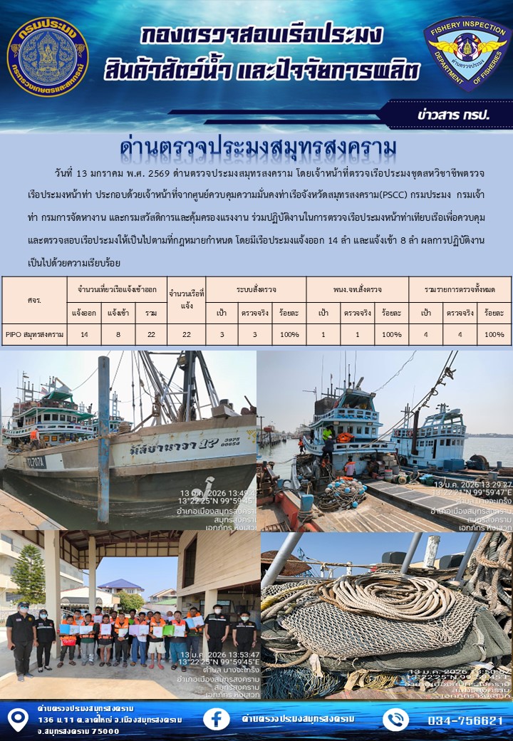 สถิติการแจ้งเข้า - ออกเรือประมงพาณิชย์ ด่านตรวจประมงสมุทรสงคราม ประจำวันที่ 13 มกราคม 2569