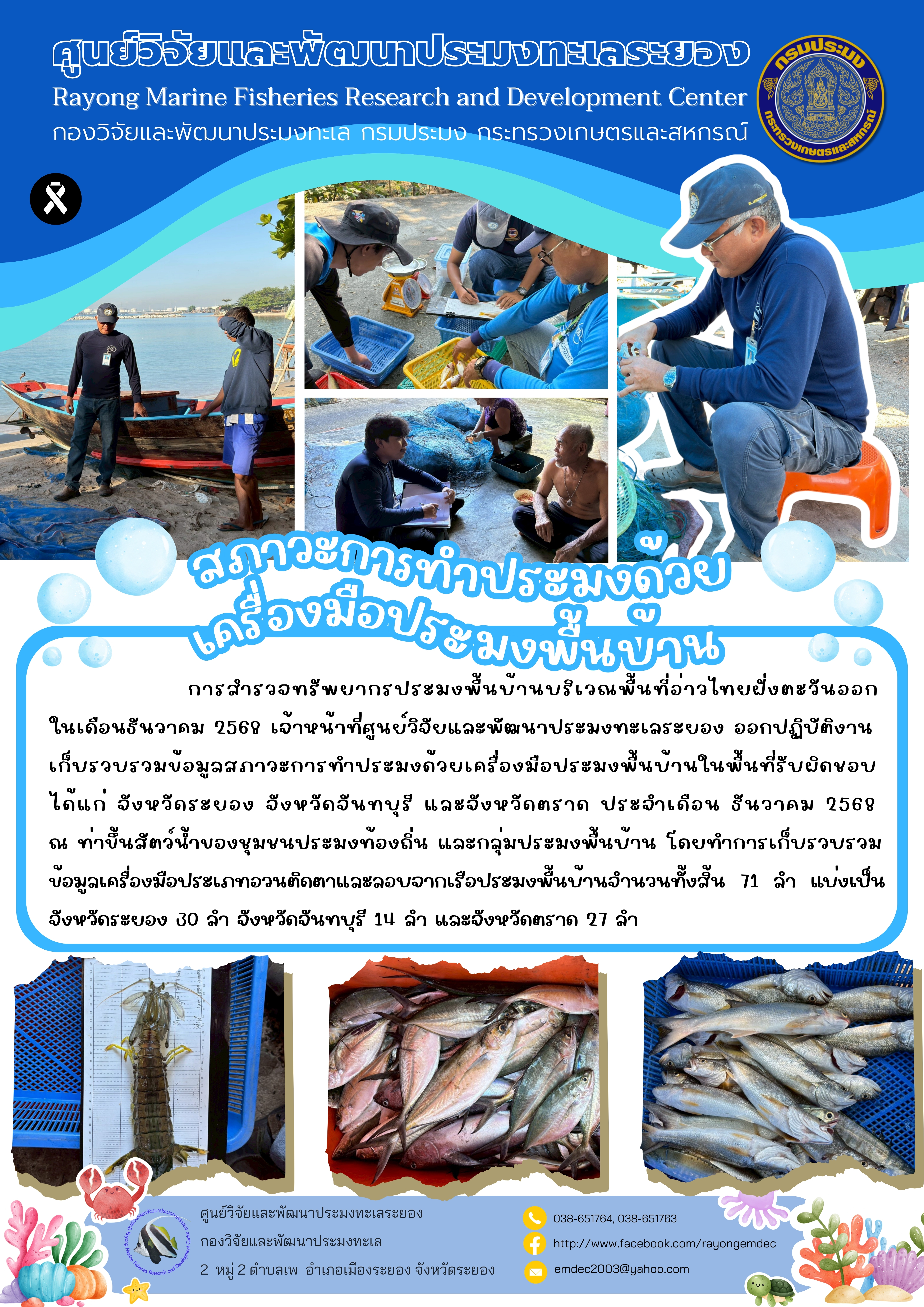 การสำรวจทรัพยากรประมงพื้นบ้านบริเวณพื้นที่อ่าวไทยฝั่งตะวันออก ในเดือนธันวาคม 2568 เจ้าหน้าที่ศูนย์วิจัยและพัฒนาประมงทะเลระยอง ออกปฏิบัติงานเก็บรวบรวมข้อมูลสภาวะการทำประมงด้วยเครื่องมือประมงพื้นบ้านในพื้นที่รับผิดชอบได้แก่ จังหวัดระยอง จังหวัดจันทบุรี และจังหวัดตราด ประจำเดือน ธันวาคม 2568 ฯลฯ..คลิก
