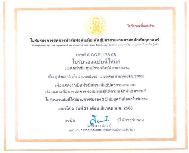 สำนักงานประมงพื้นที่กรุงเทพมหานคร ขอแจ้งข้อมูลในเรื่อง ใบรับรองมาตรฐานการจัดการฟาร์มพ่อแม่พันธุ์สัตว์น้ำที่ดีตามหลักพันธุศาสตร์ในสัตว์น้ำ 4 ชนิด