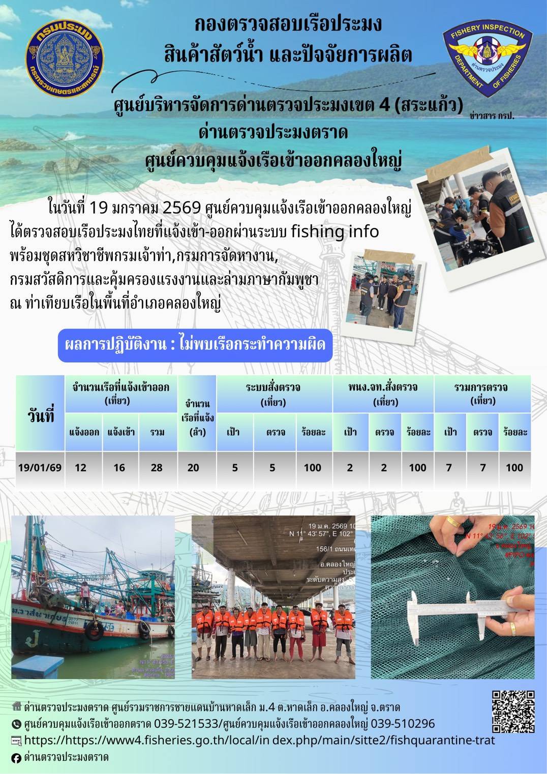 ผลการปฏิบัติงานของด่านตรวจประมงตราด ประจำวันที่ 19 มกราคม 2569