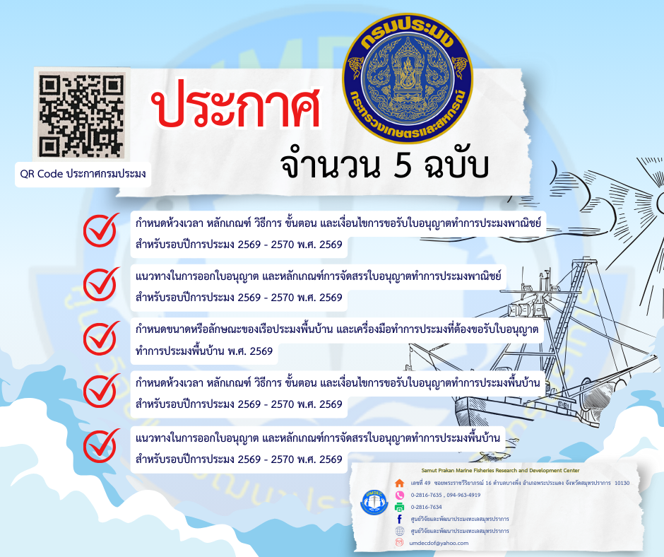 กรมประมงออกประกาศกรมประมง จำนวน 5 ฉบับ