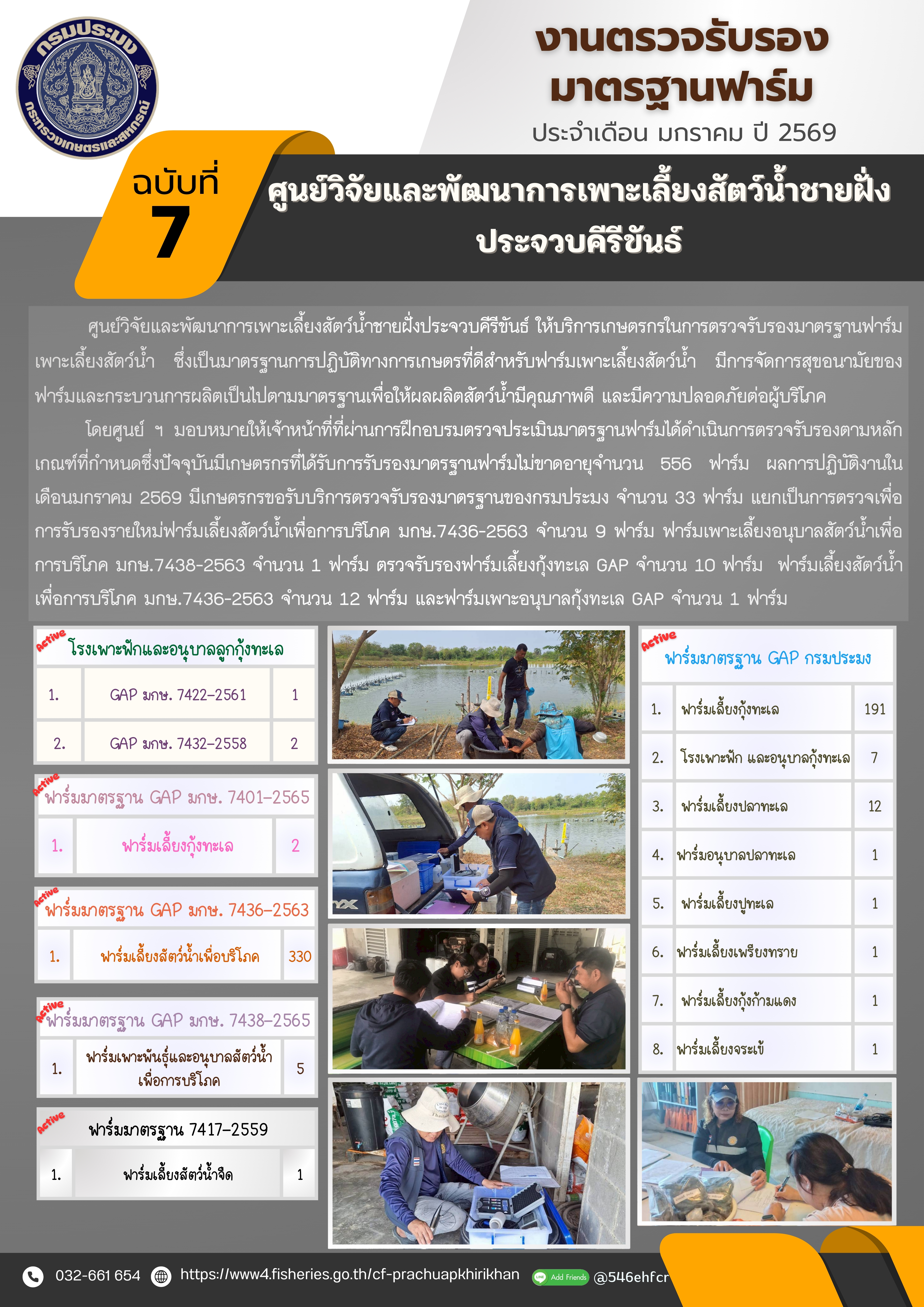 ฉบับที่ 7/2569 การให้บริการเกษตรกรในการตรวจรับรองมาตรฐานฟาร์มเพาะเลี้ยงสัตว์น้ำ ประจำเดือน มกราคม 2569