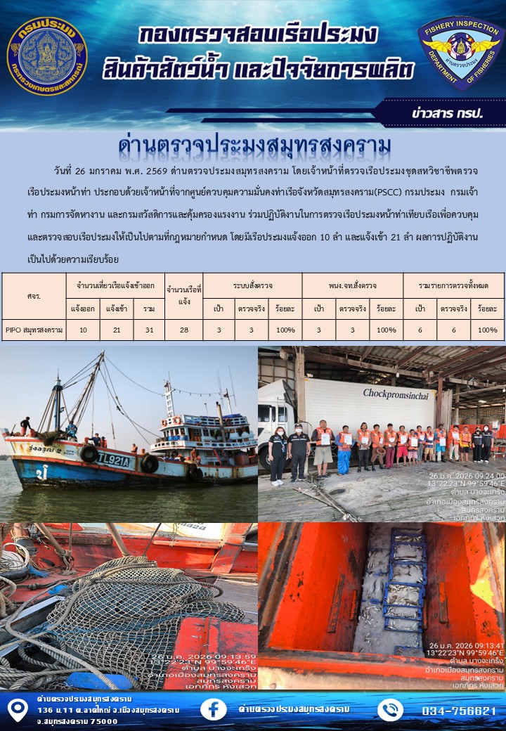 สถิติการแจ้งเข้า - ออกเรือประมงพาณิชย์ ด่านตรวจประมงสมุทรสงคราม ประจำวันที่ 26 มกราคม 2569