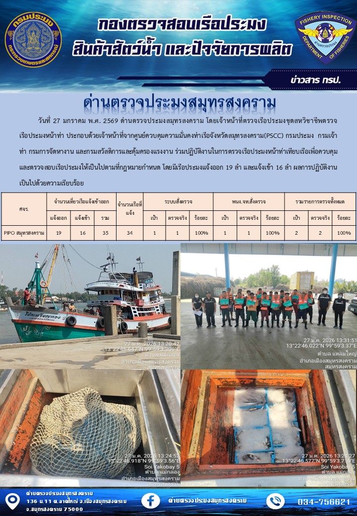 สถิติการแจ้งเข้า - ออกเรือประมงพาณิชย์ ด่านตรวจประมงสมุทรสงคราม ประจำวันที่ 27 มกราคม 2569