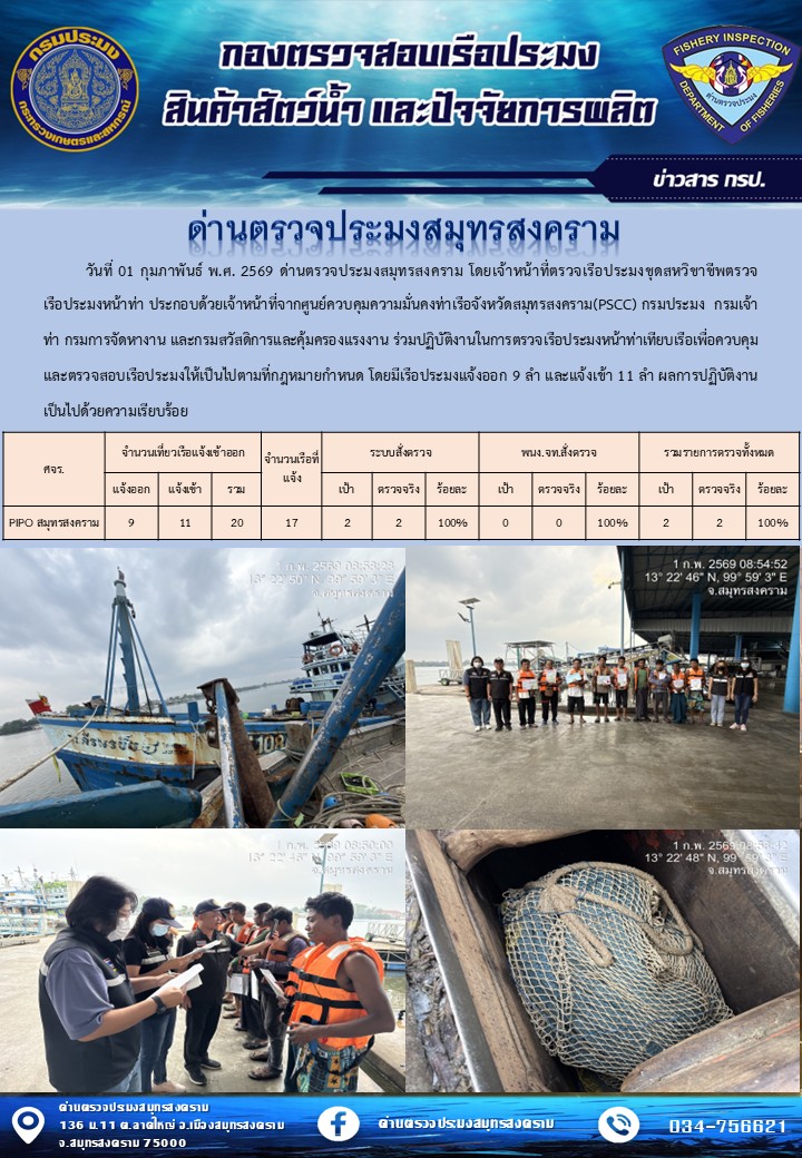 สถิติการแจ้งเข้า - ออกเรือประมงพาณิชย์ ด่านตรวจประมงสมุทรสงคราม ประจำวันที่ 1 กุมภาพันธ์ 2569