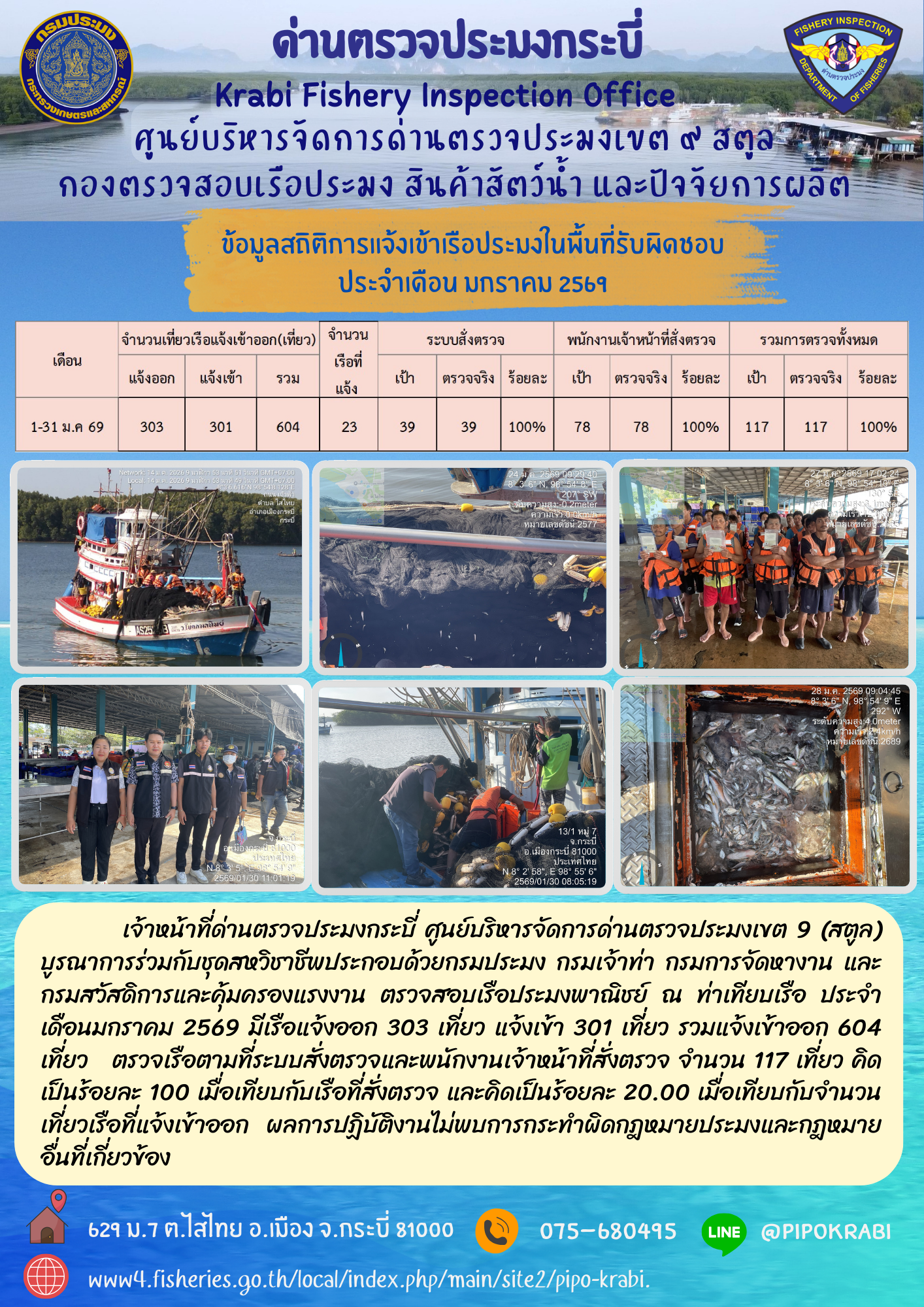 ผลการปฏิบัติงาน ประจำเดือน มกราคม 2569 การตรวจสอบเรือประมงไทยที่แจ้งเข้าออก และการตรวจสอบการนำเข้า-ส่งออกสินค้าสัตว์น้ำ ในเขตพื้นที่รับผิดชอบของศูนย์บริหารจัดการด่านตรวจประมงเขต 9 (สตูล) ..คลิก