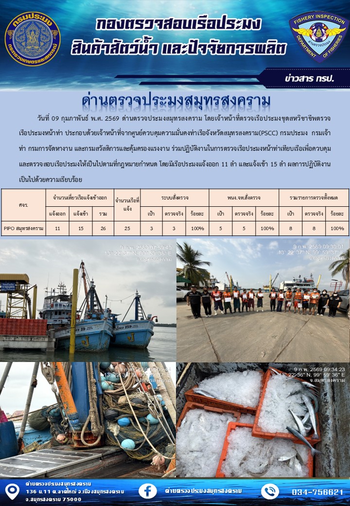 สถิติการแจ้งเข้า - ออกเรือประมงพาณิชย์ ด่านตรวจประมงสมุทรสงคราม ประจำวันที่ 9 กุมภาพันธ์ 2569..คลิก