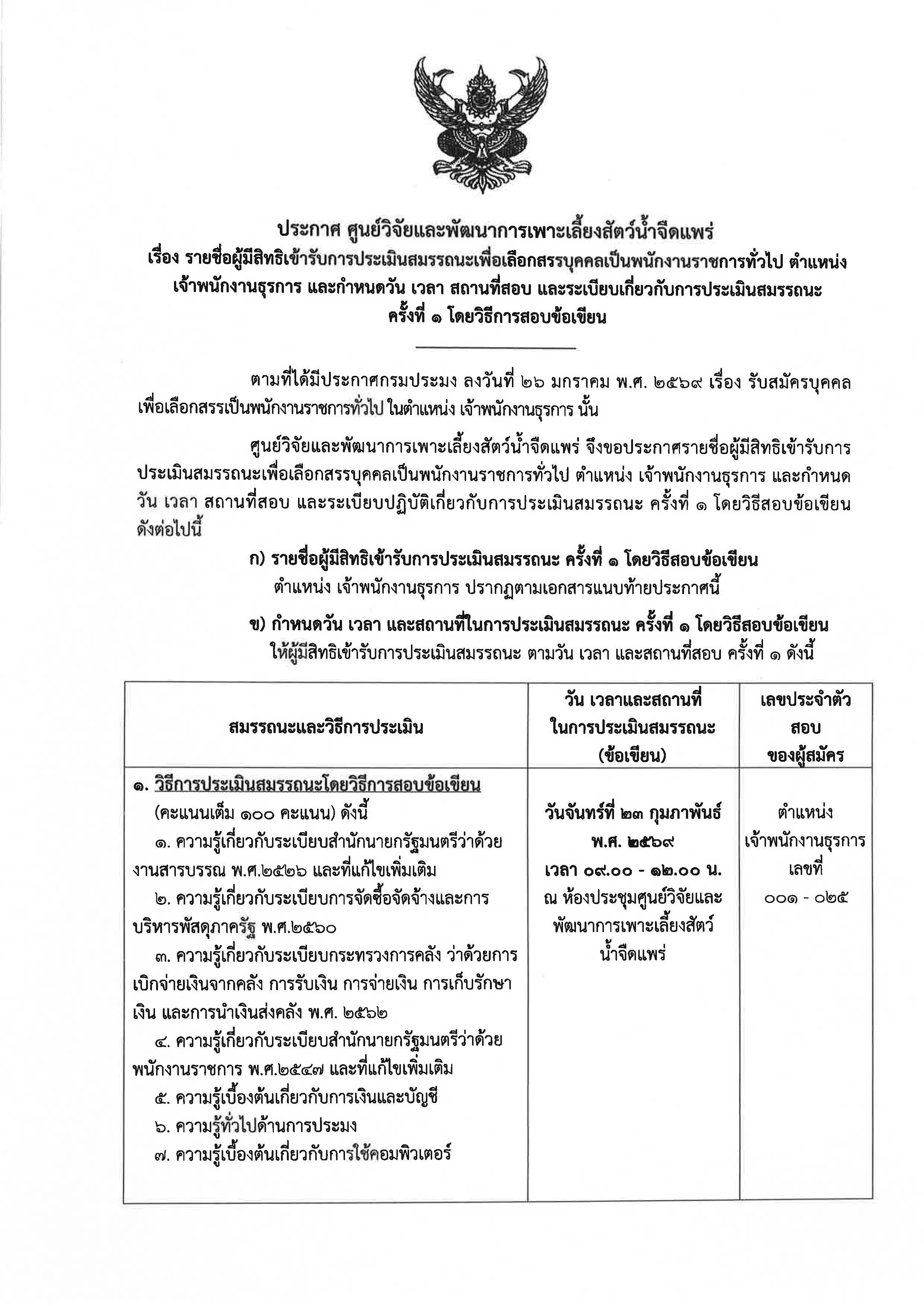 ประกาศ รายชื่อผู้มีสิทธิเข้ารับการประเมินสมรรถนะเพื่อเลือกสรรบุคคลเป็นพนักงานราชการทั่วไป ตำแหน่ง เจ้าพนักงานธุรการ..คลิก