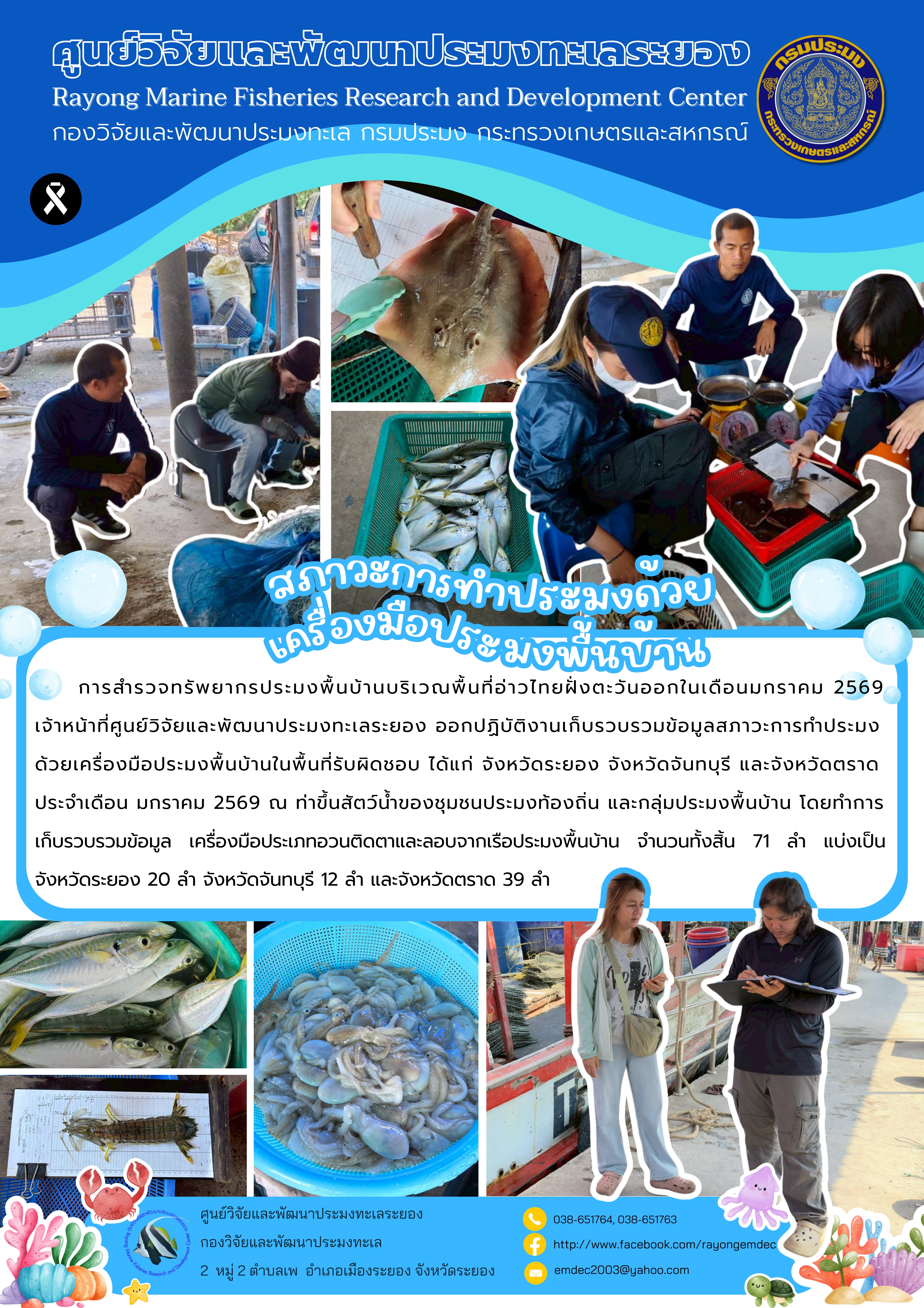 การสำรวจทรัพยากรประมงพื้นบ้านบริเวณพื้นที่อ่าวไทยฝั่งตะวันออกในเดือนมกราคม 2569 เจ้าหน้าที่ศูนย์วิจัยและพัฒนาประมงทะเลระยอง ออกปฏิบัติงานเก็บรวบรวมข้อมูลสภาวะการทำประมง ด้วยเครื่องมือประมงพื้นบ้านในพื้นที่รับผิดชอบ ได้แก่ จังหวัดระยอง จังหวัดจันทบุรี และจังหวัดตราดประจำเดือน มกราคม 2569 ฯลฯ